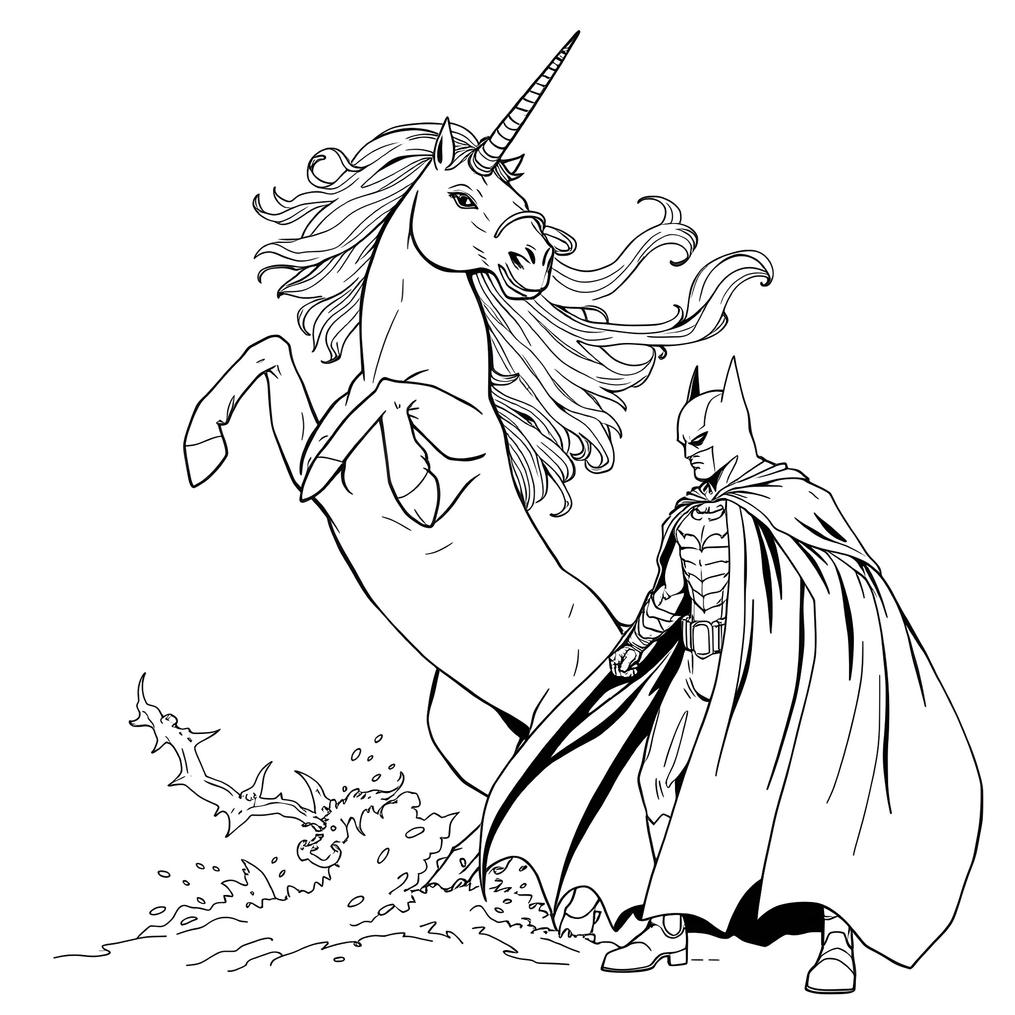 Unicorn and Caped Crusader Encounter Coloring Page (free black-and-white line drawing printable PDF for all, from beginners to advanced learners, including children, teens, adults, and seniors)