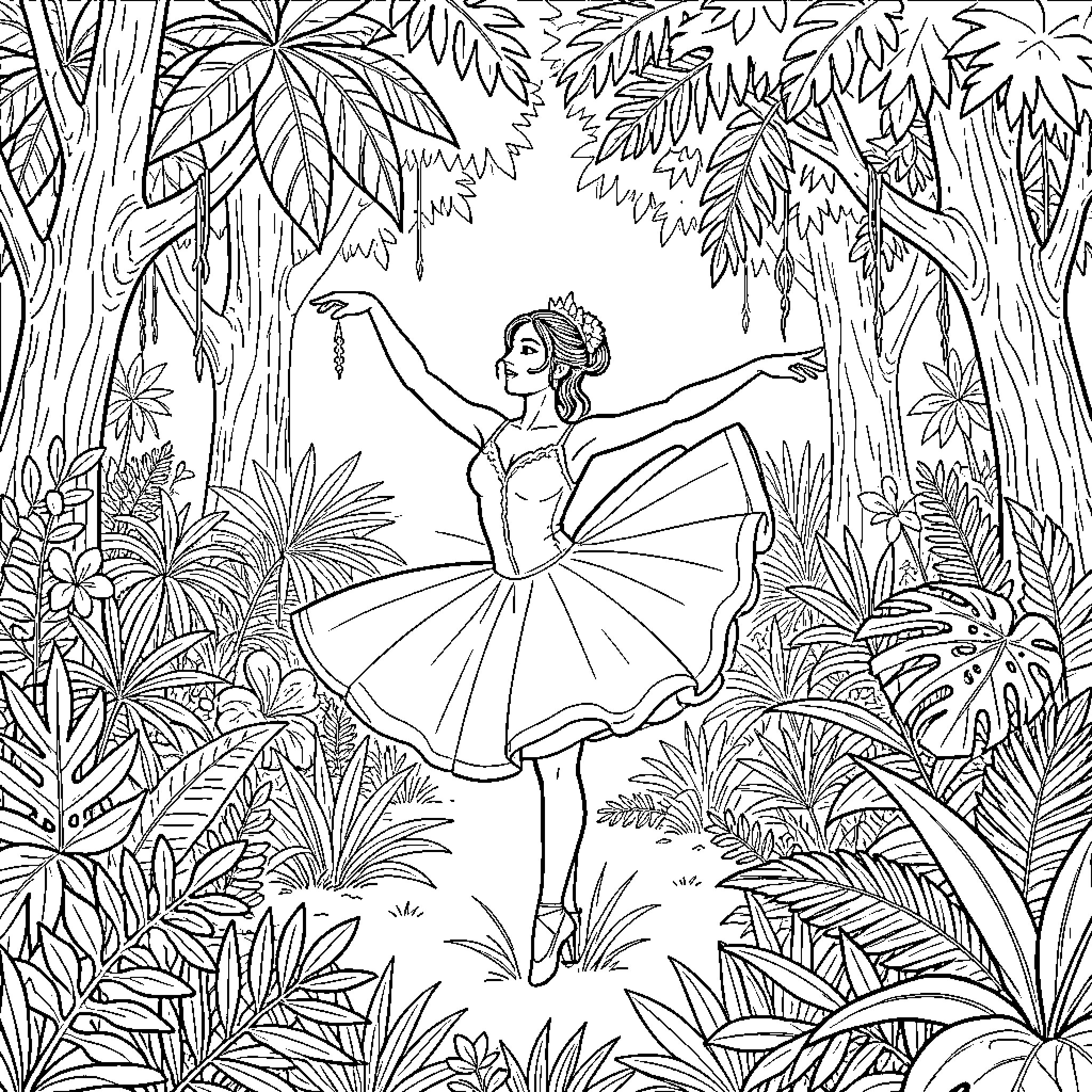 Dancer performing ballet gracefully in a tropical jungle Coloring Page (free black-and-white line drawing printable PDF for all, from beginners to advanced learners, including children, teens, adults, and seniors)