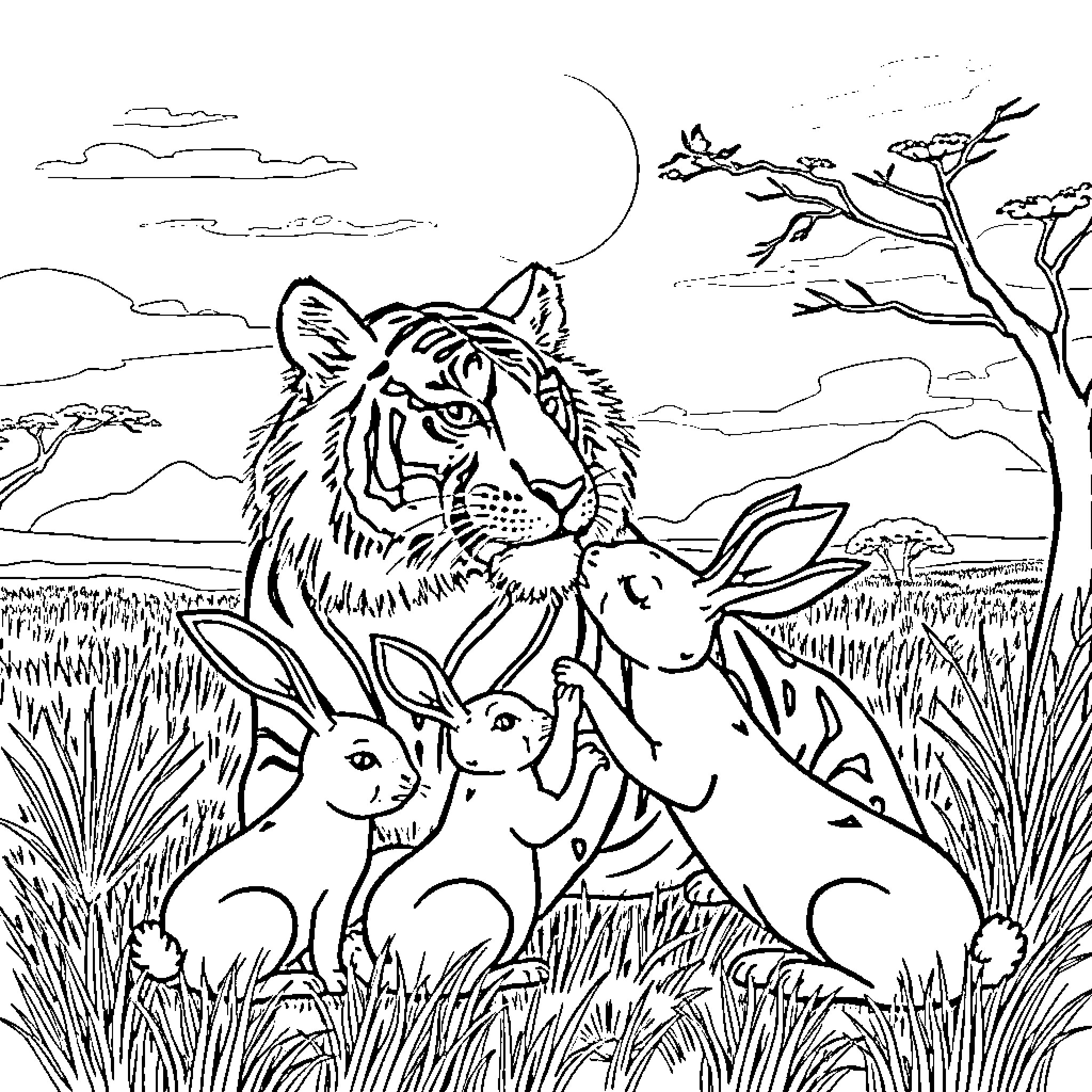 Bunny family resting peacefully in the moonlit wilderness Coloring Page (free black-and-white line drawing printable PDF for all, from beginners to advanced learners, including children, teens, adults, and seniors)