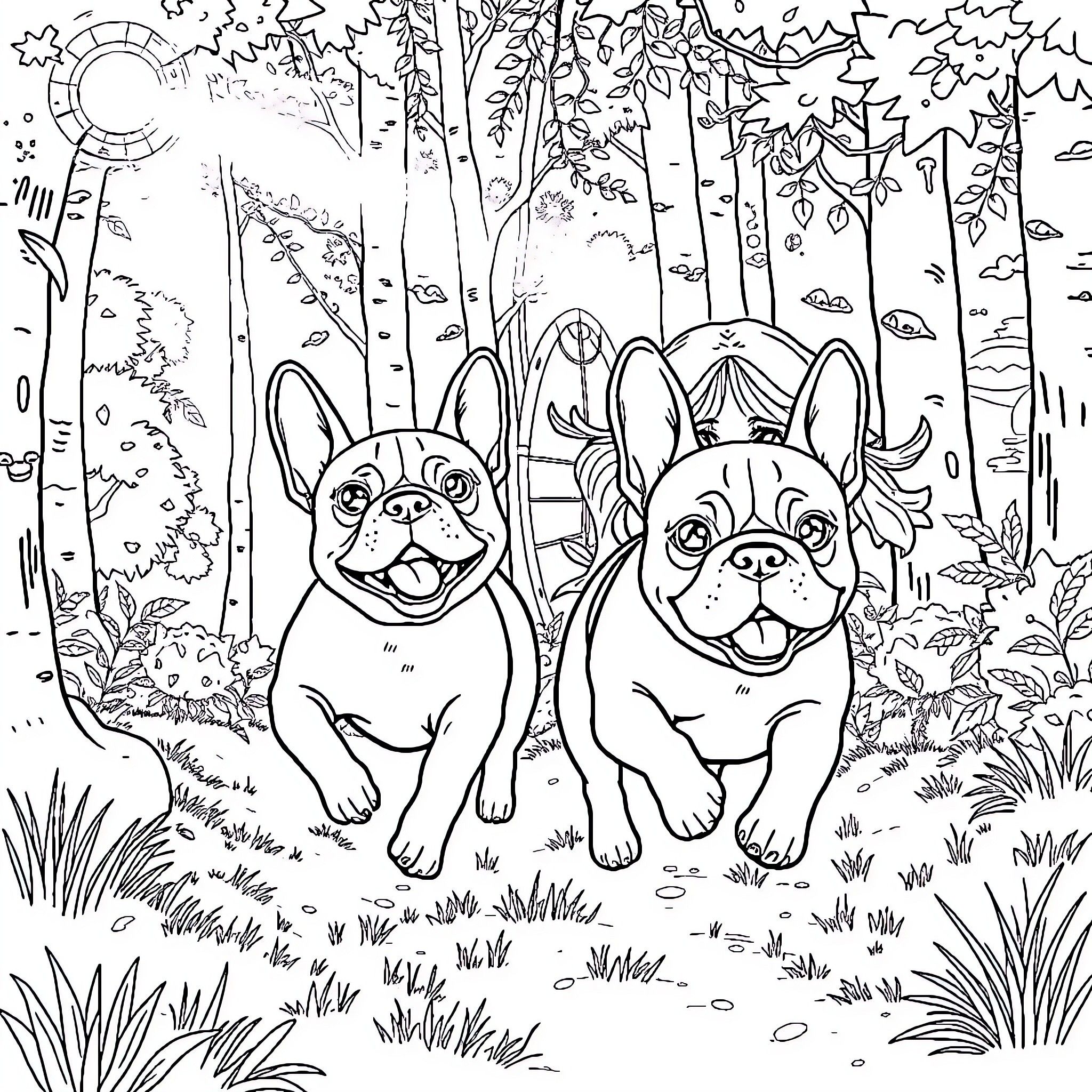 French Bulldogs Frolicking in the Forest Coloring Page (free black-and-white line drawing printable PDF for all, from beginners to advanced learners, including children, teens, adults, and seniors)