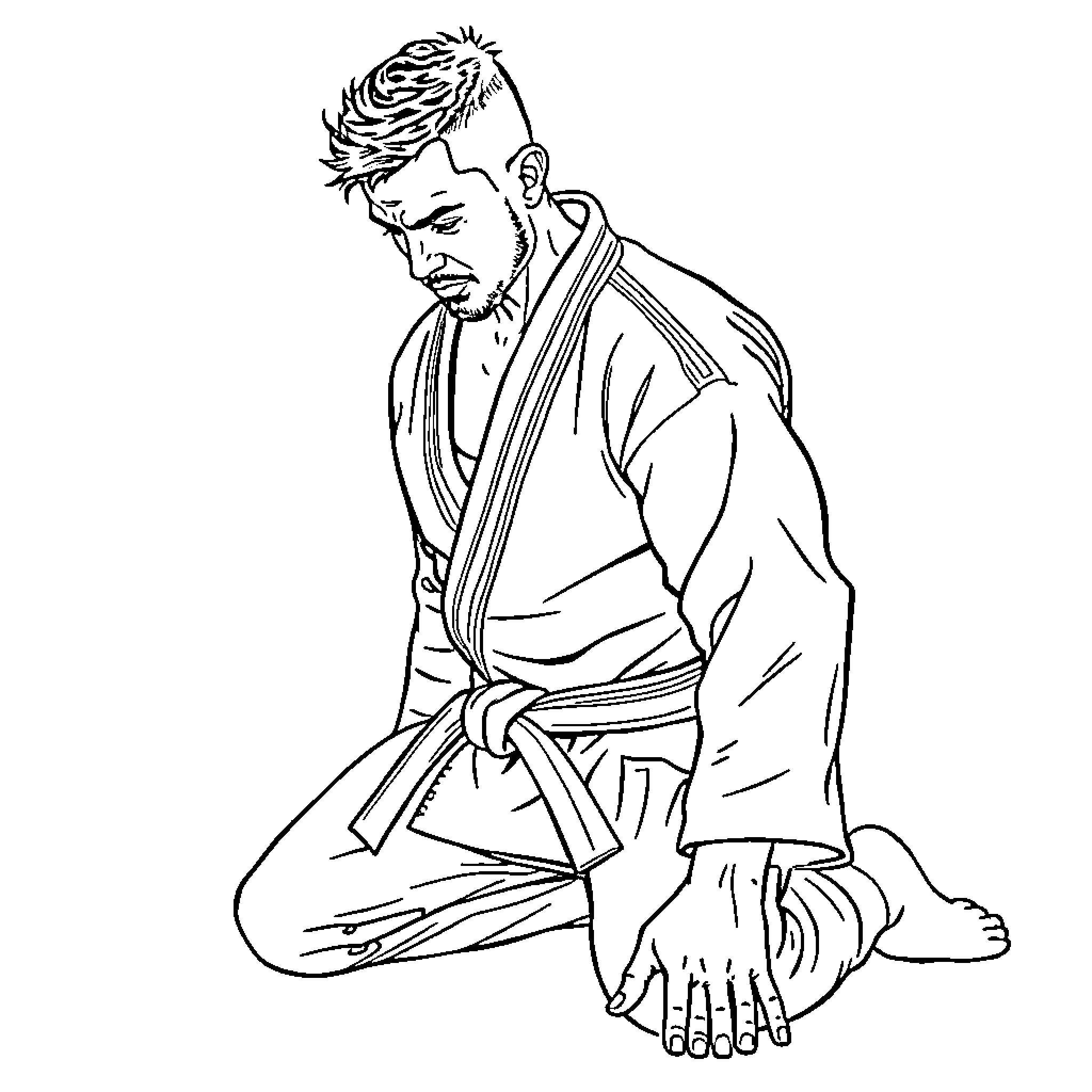 Jiu Jitsu athlete in focused pose Coloring Page (free black-and-white line drawing printable PDF for all, from beginners to advanced learners, including children, teens, adults, and seniors)