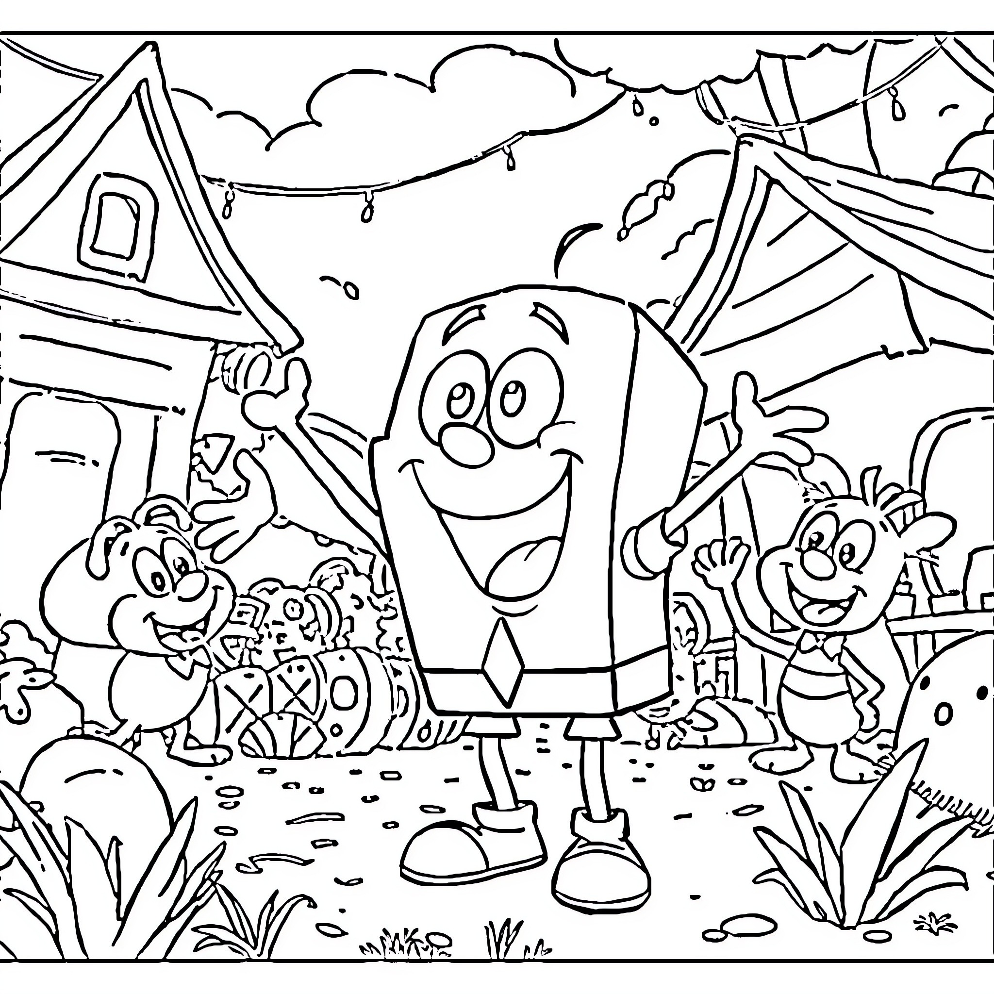 Bob's Happy Camping Adventure with Friends Coloring Page (free black-and-white line drawing printable PDF for all, from beginners to advanced learners, including children, teens, adults, and seniors)