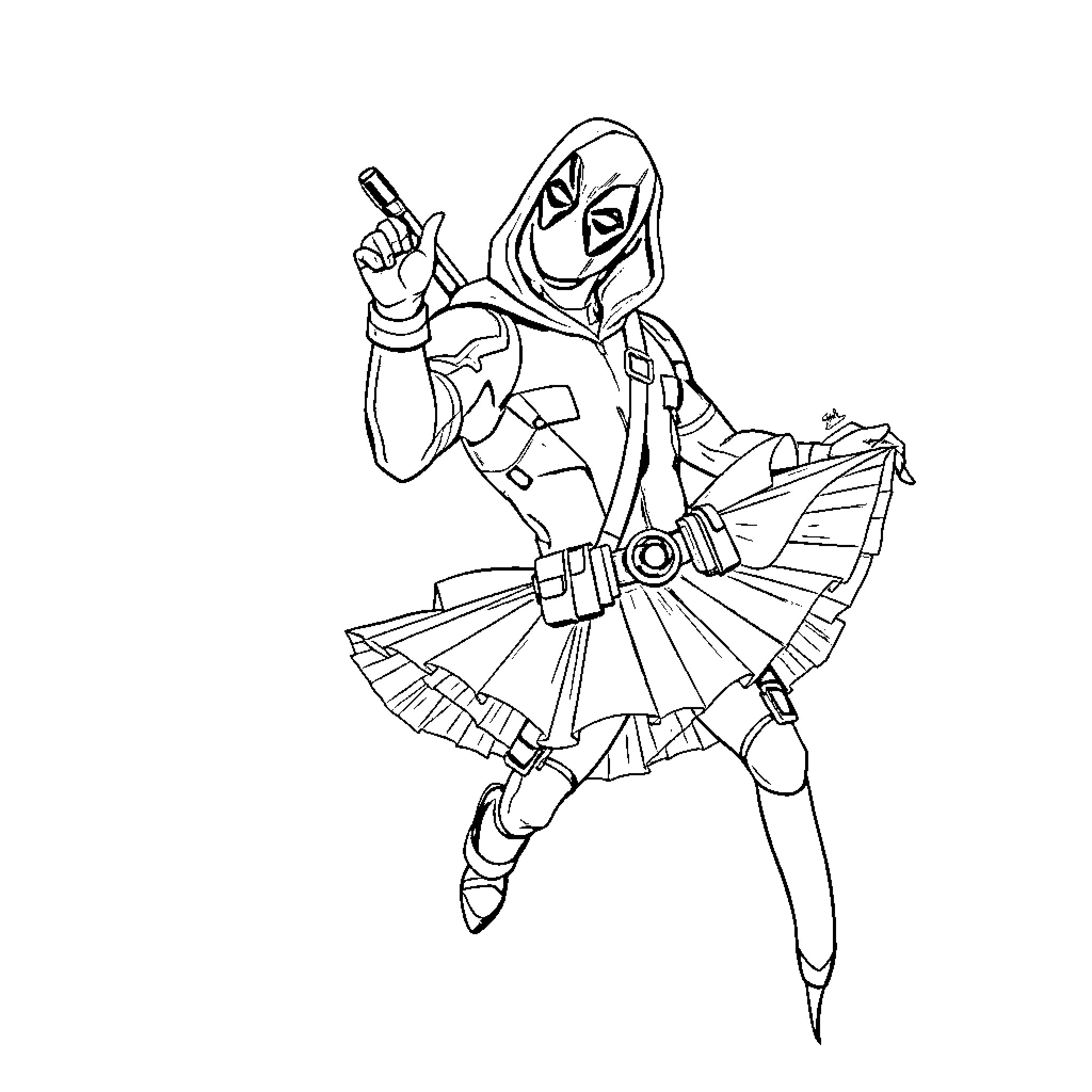 Deadpool in Action: Thrilling Heroics and Daring Maneuvers Coloring Page (free black-and-white line drawing printable PDF for all, from beginners to advanced learners, including children, teens, adults, and seniors)