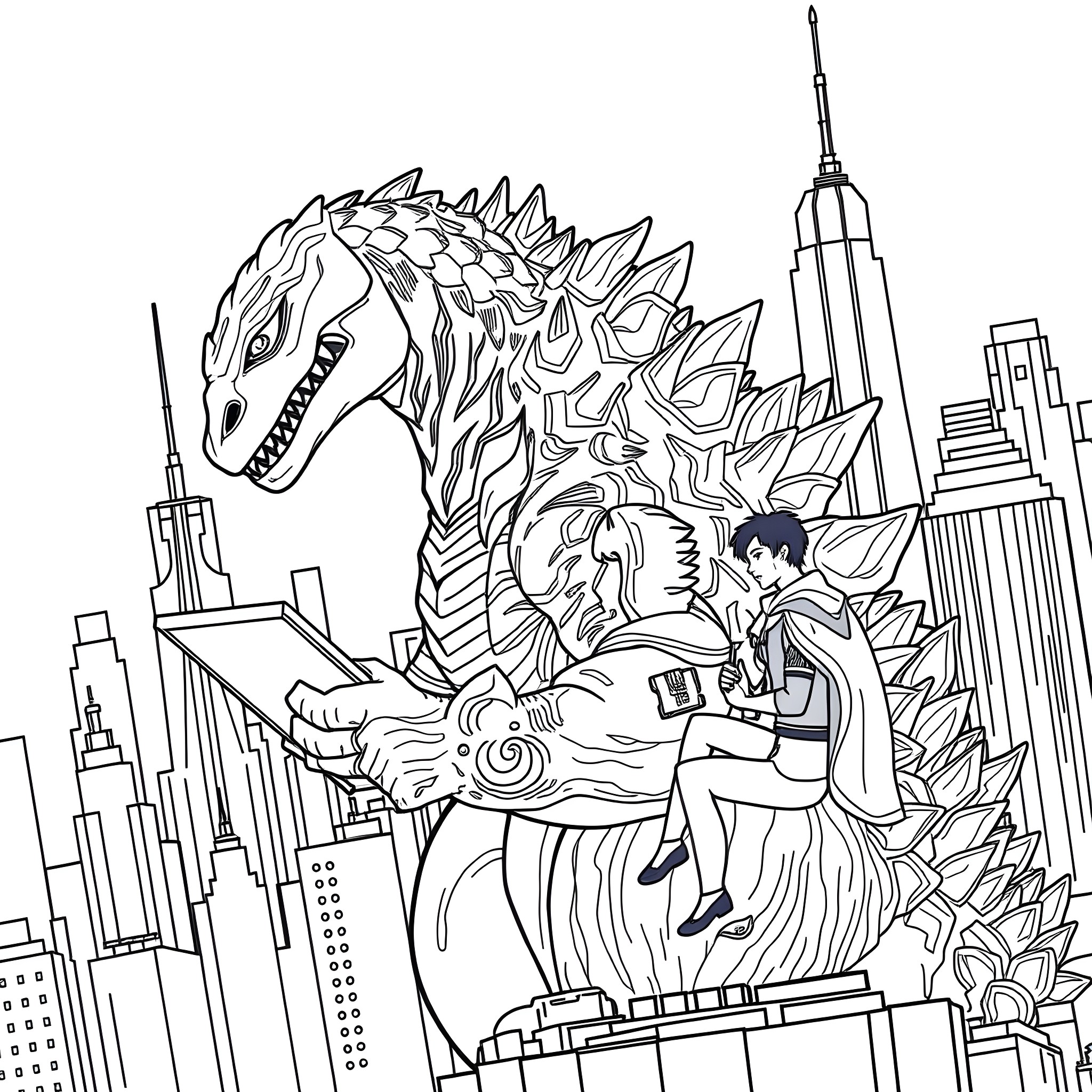 Godzilla terrorizing the city with people fleeing in fear Coloring Page (free black-and-white line drawing printable PDF for all, from beginners to advanced learners, including children, teens, adults, and seniors)