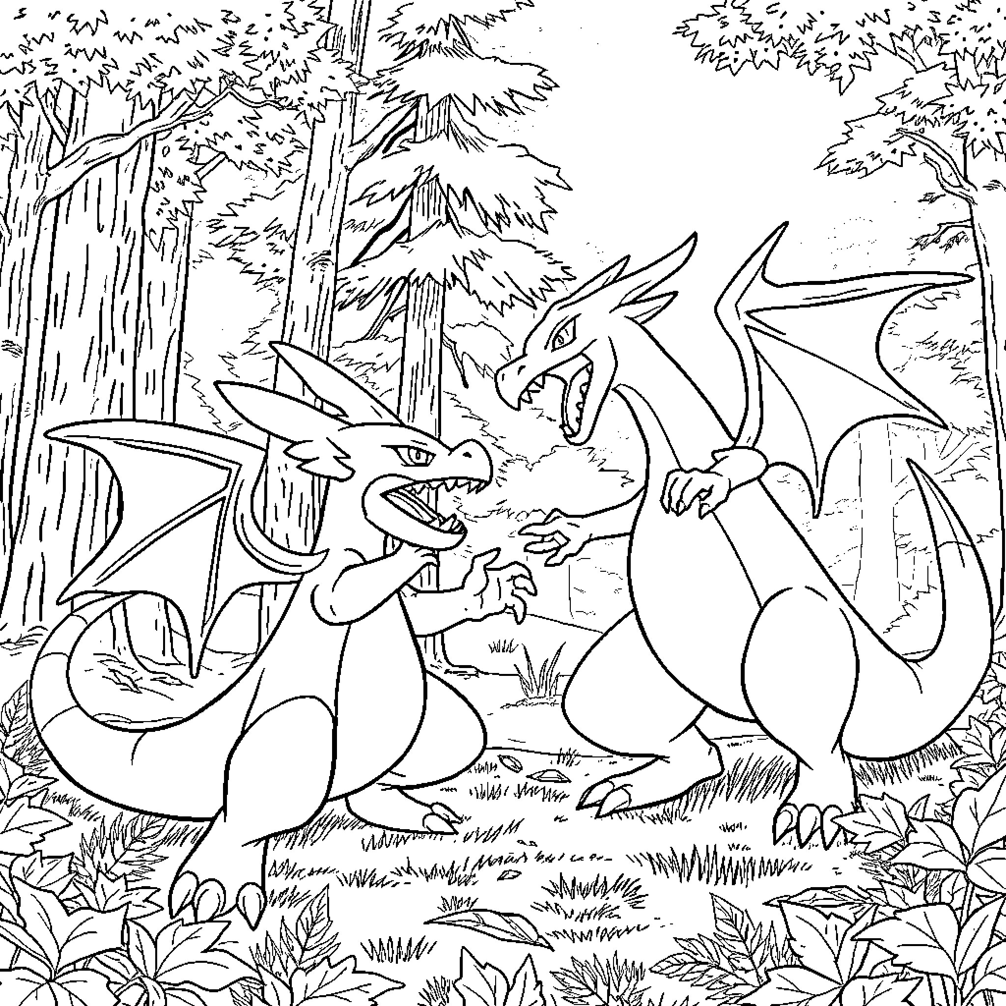 Lucario battling fearsome dragon-like creatures in forest Coloring Page (free black-and-white line drawing printable PDF for all, from beginners to advanced learners, including children, teens, adults, and seniors)
