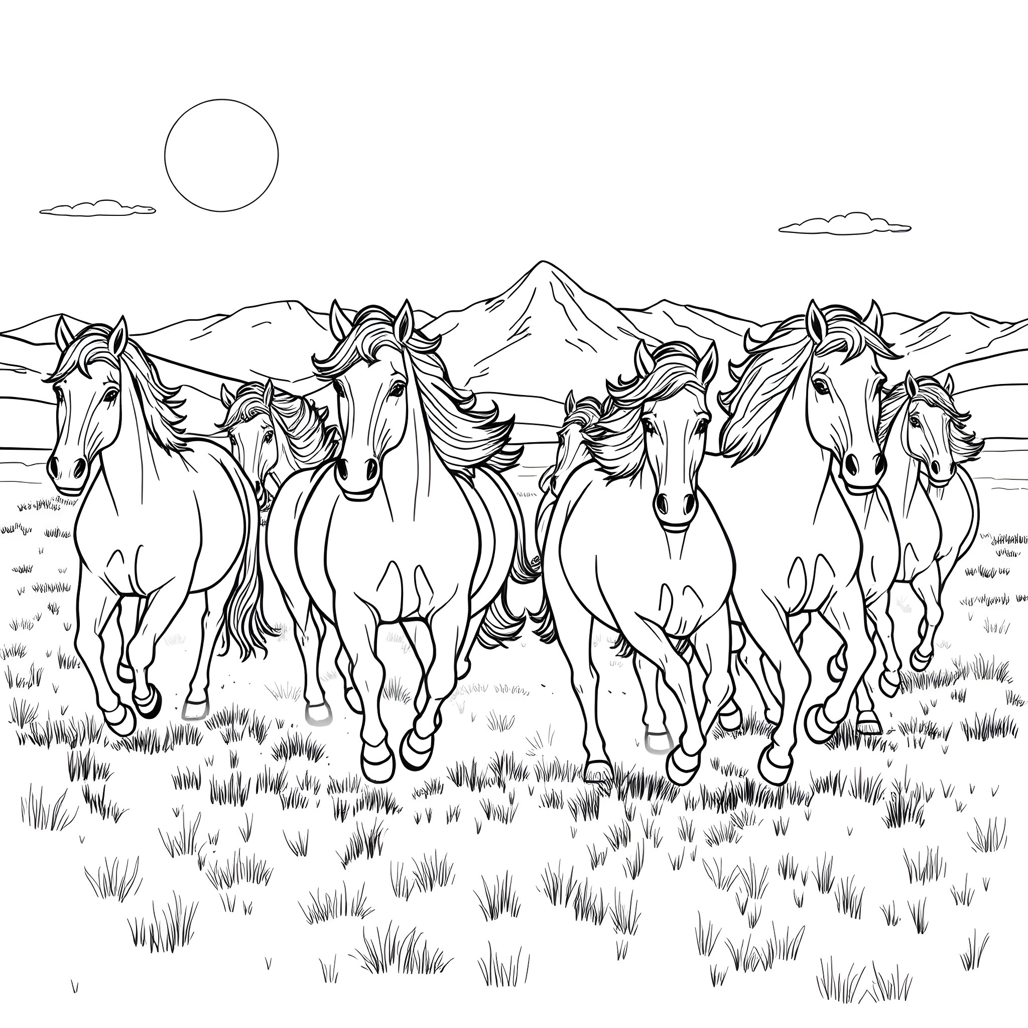 Horse Herd Running in Mountainous Landscape Coloring Page (free black-and-white line drawing printable PDF for all, from beginners to advanced learners, including children, teens, adults, and seniors)