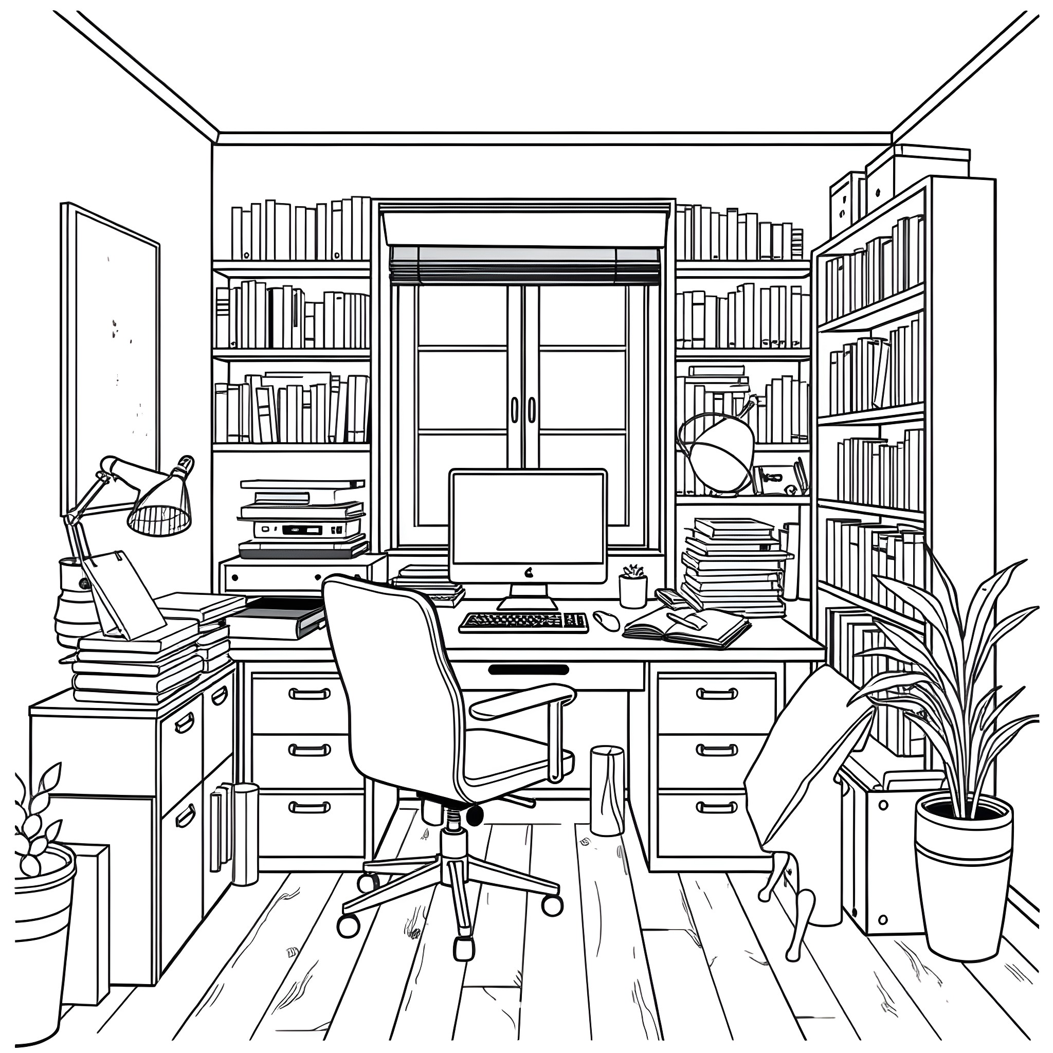 Home Office with Organized Workspace and Bookshelf Coloring Page (free black-and-white line drawing printable PDF for all, from beginners to advanced learners, including children, teens, adults, and seniors)