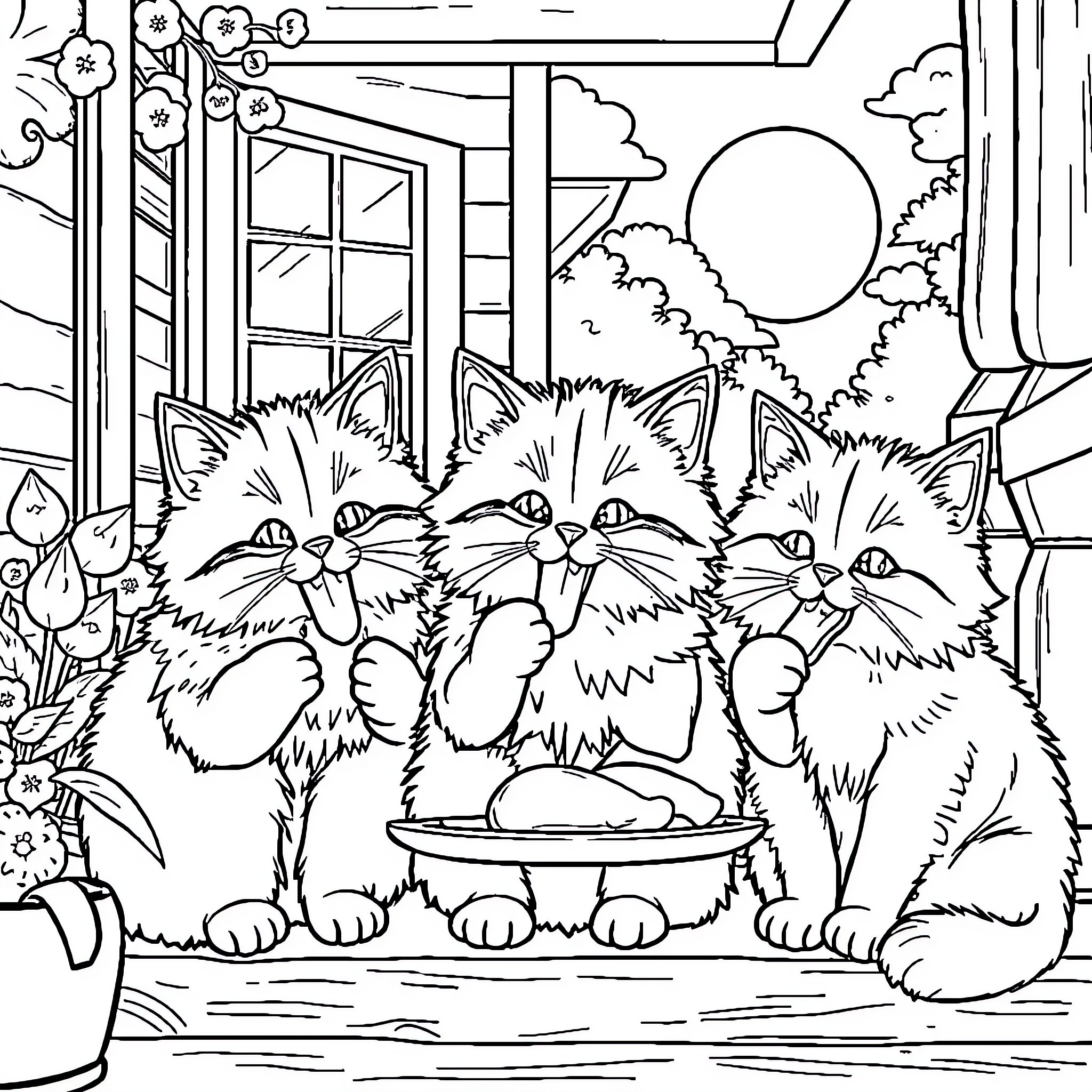 Cat Kittens Playing Together in Cozy Outdoor Scene Coloring Page (free black-and-white line drawing printable PDF for all, from beginners to advanced learners, including children, teens, adults, and seniors)