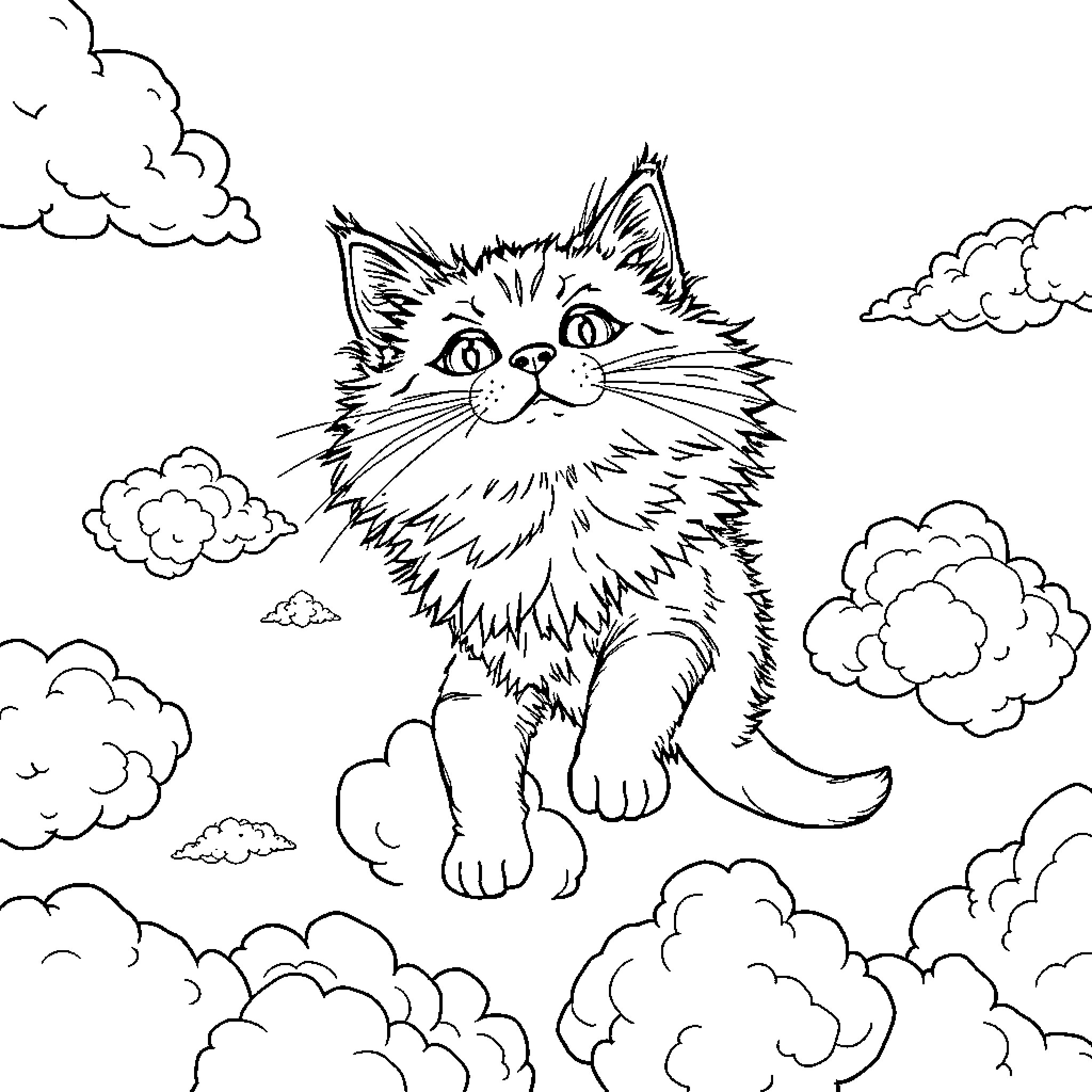 Flying Cat Playing Among Fluffy Clouds Coloring Page (free black-and-white line drawing printable PDF for all, from beginners to advanced learners, including children, teens, adults, and seniors)