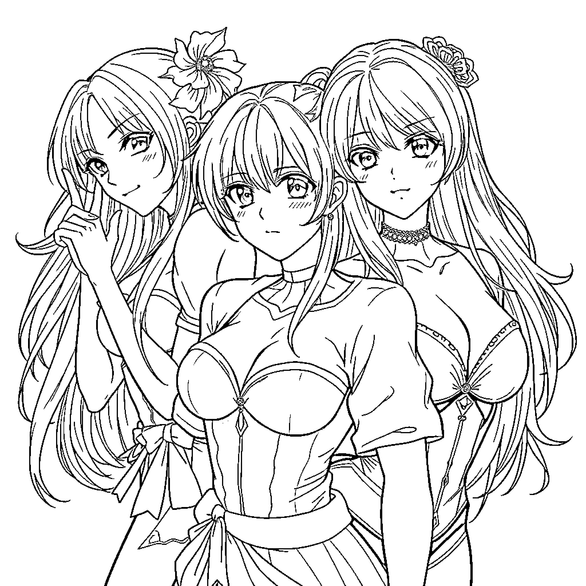 Anime Women in Expressive Poses and Attire Coloring Page (free black-and-white line drawing printable PDF for all, from beginners to advanced learners, including children, teens, adults, and seniors)