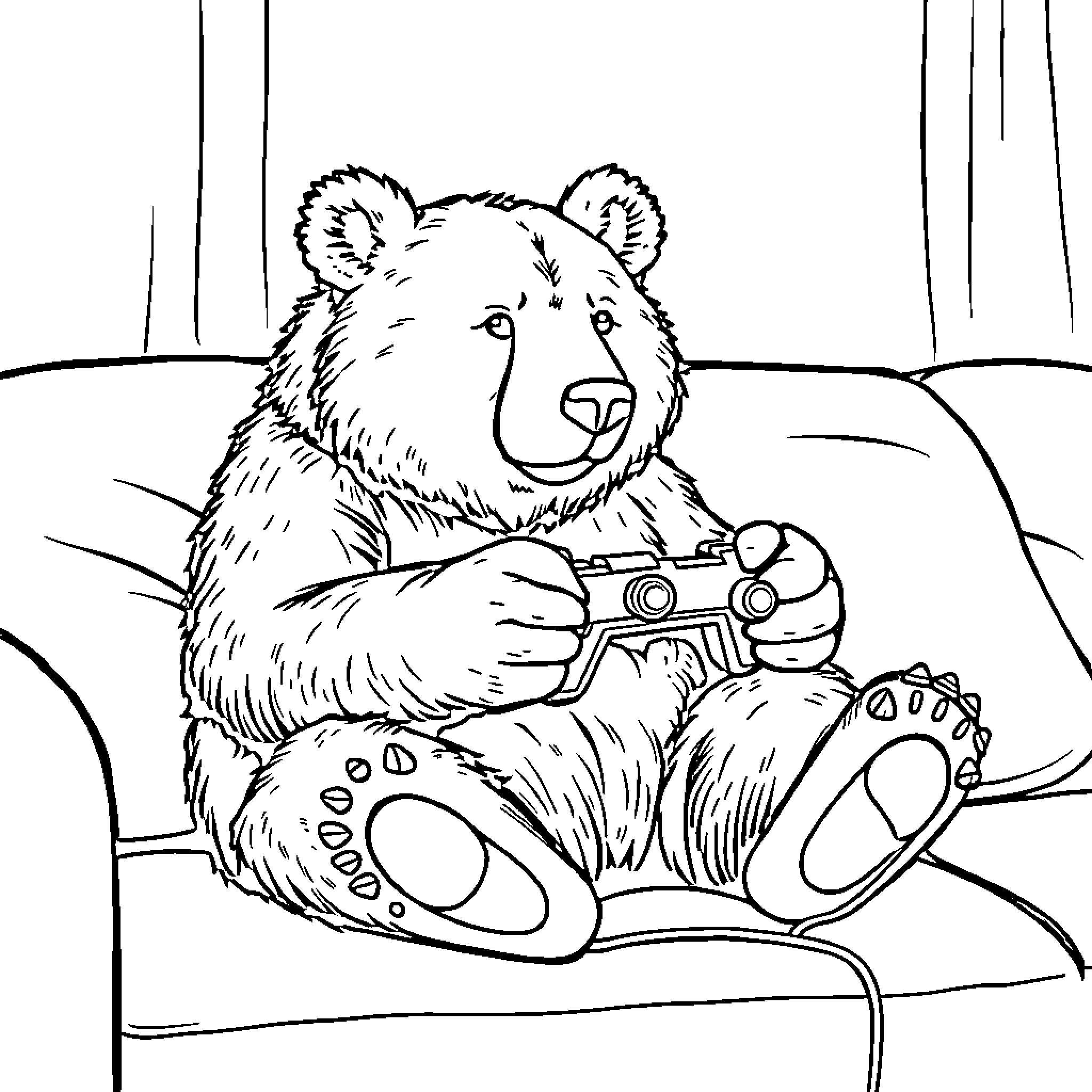 Bear playing video game on the couch Coloring Page (free black-and-white line drawing printable PDF for all, from beginners to advanced learners, including children, teens, adults, and seniors)