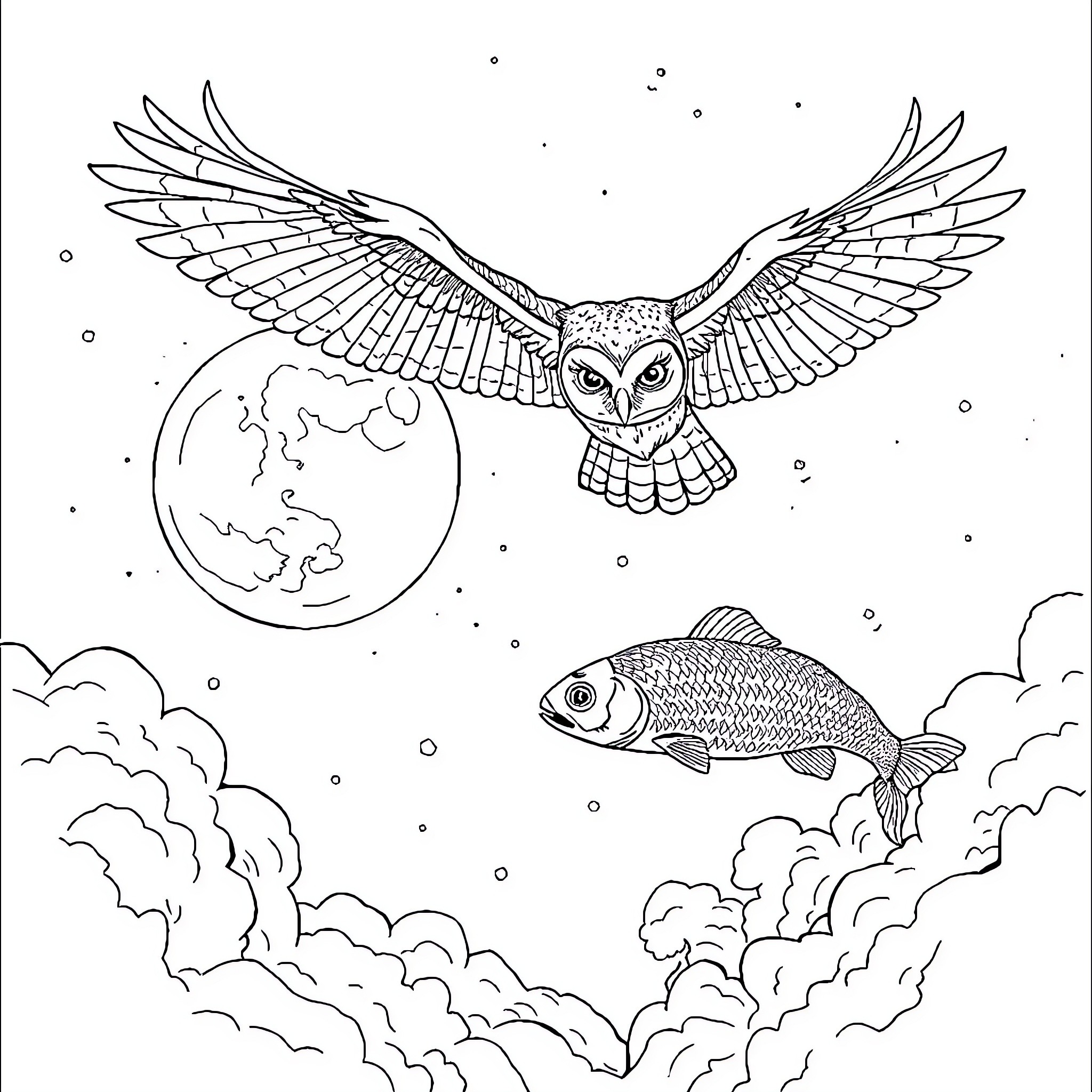 Owl soaring over celestial landscape Coloring Page (free black-and-white line drawing printable PDF for all, from beginners to advanced learners, including children, teens, adults, and seniors)
