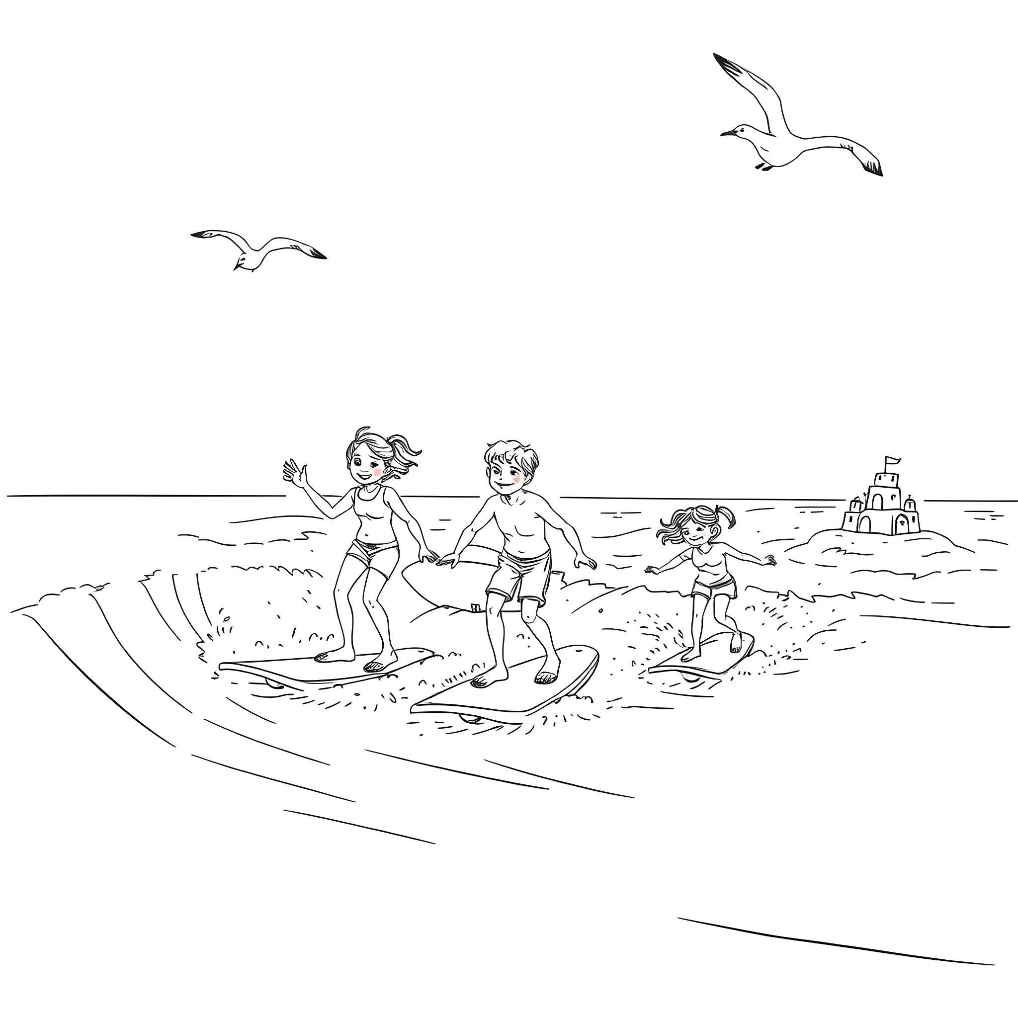 Family Fun at the Beach Coloring Page (free black-and-white line drawing printable PDF for all, from beginners to advanced learners, including children, teens, adults, and seniors)