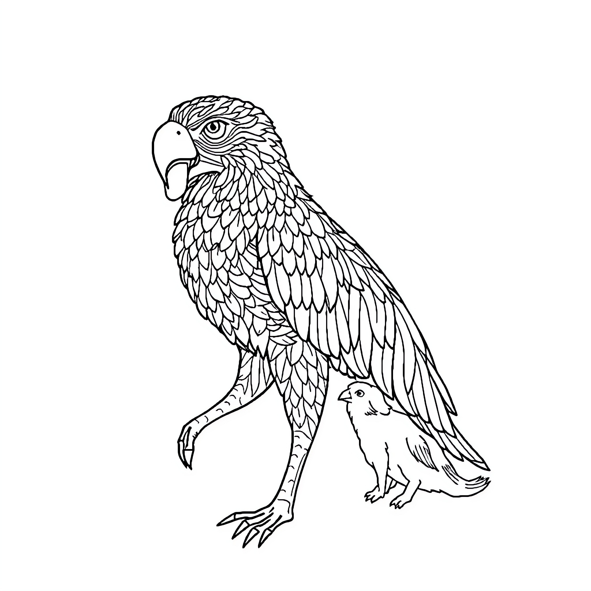 Animal with detailed feathers and chick Coloring Page (free black-and-white line drawing printable PDF for all, from beginners to advanced learners, including children, teens, adults, and seniors)