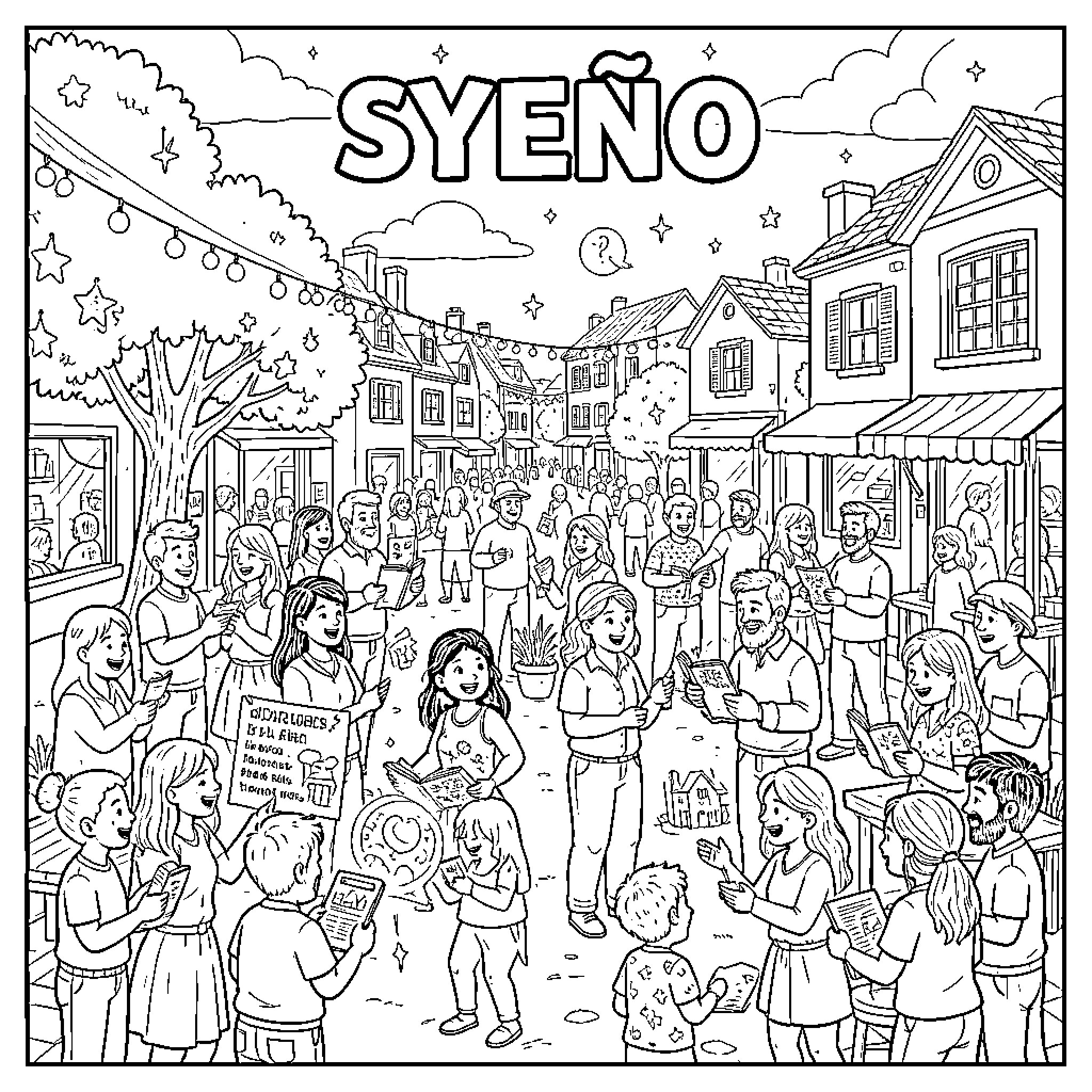 Syeños celebrating together in a lively village street scene Coloring Page (free black-and-white line drawing printable PDF for all, from beginners to advanced learners, including children, teens, adults, and seniors)