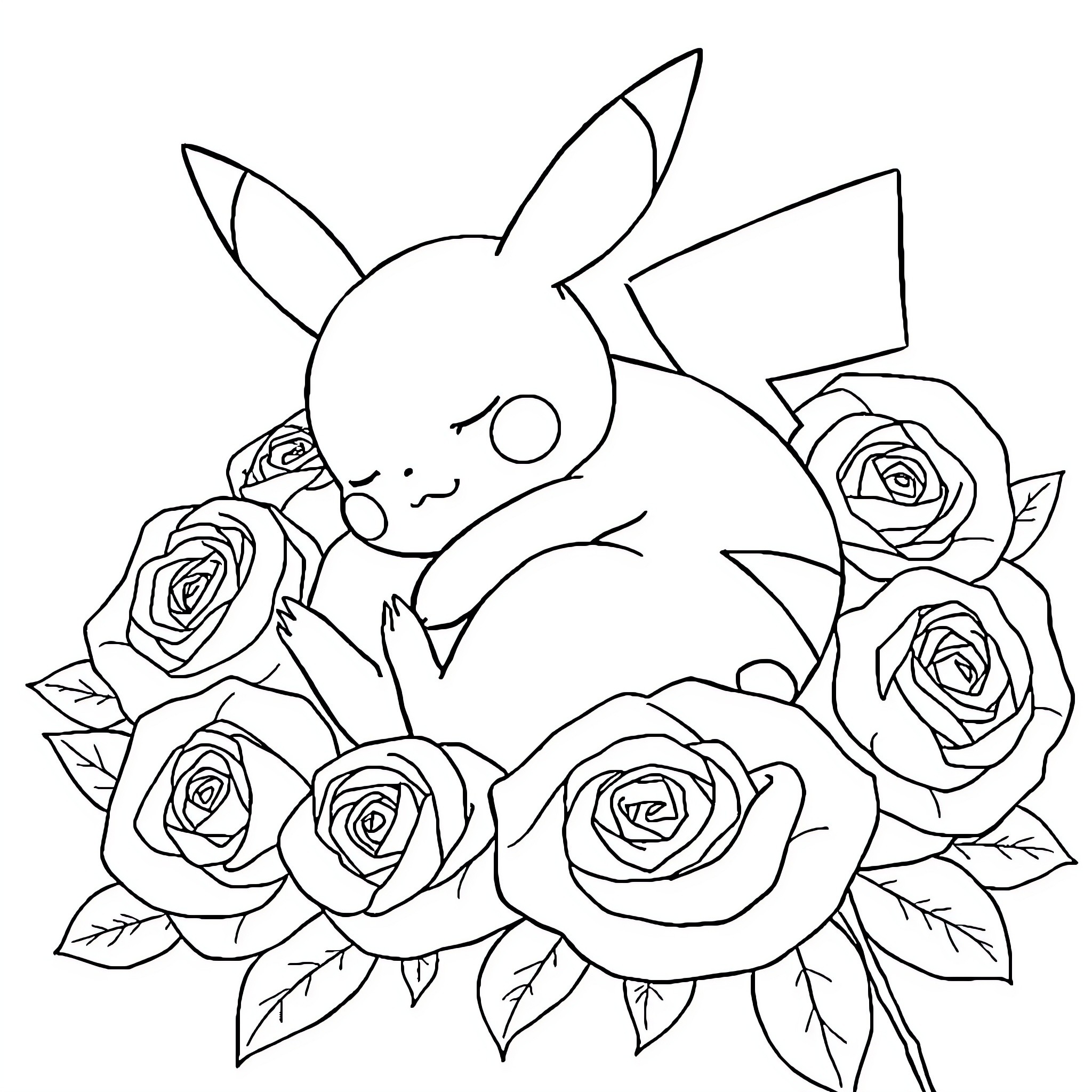 Pikachu surrounded by blooming roses Coloring Page (free black-and-white line drawing printable PDF for all, from beginners to advanced learners, including children, teens, adults, and seniors)