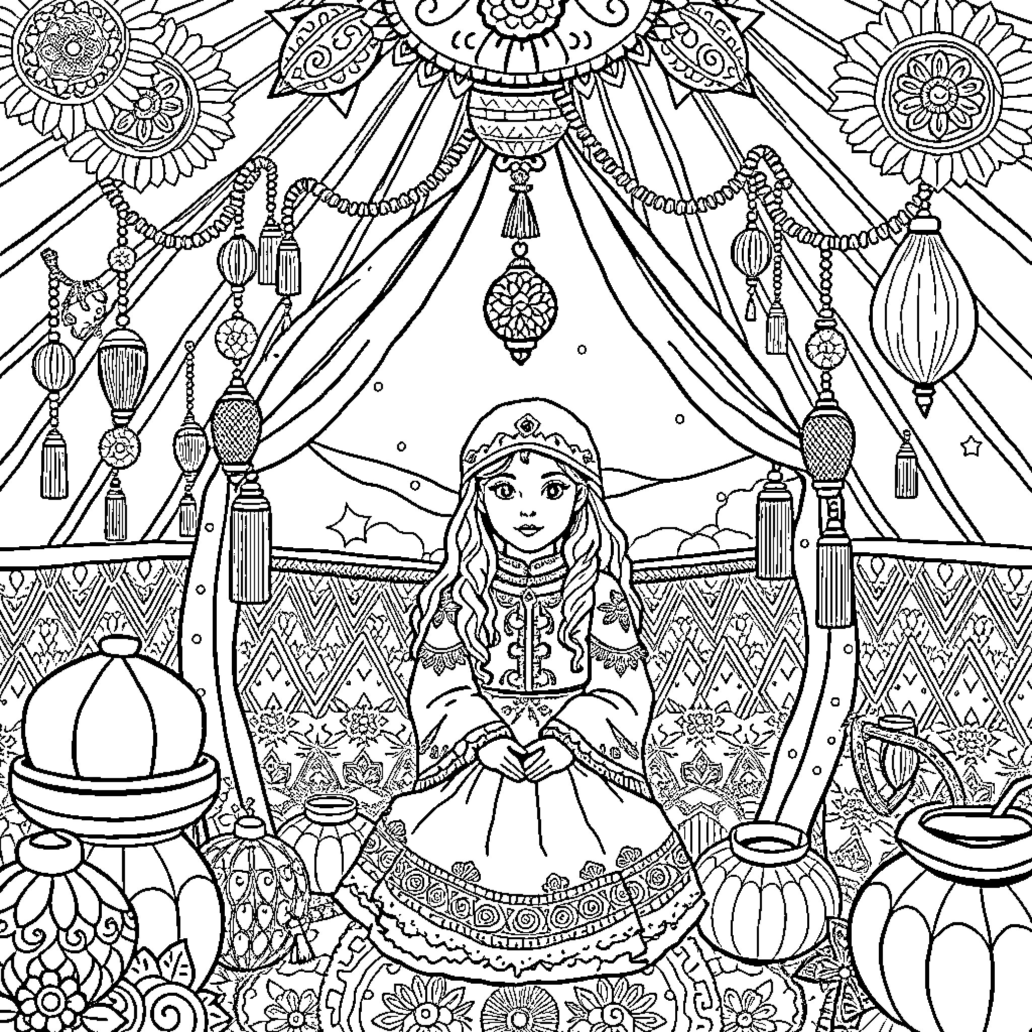 Yurt decorated with intricate patterns and ornaments Coloring Page (free black-and-white line drawing printable PDF for all, from beginners to advanced learners, including children, teens, adults, and seniors)