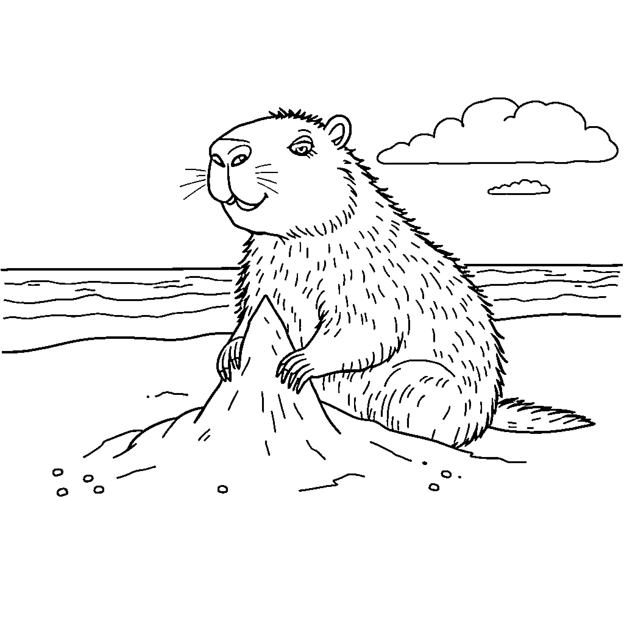 Capybara resting on the shore Coloring Page (free black-and-white line drawing printable PDF for all, from beginners to advanced learners, including children, teens, adults, and seniors)
