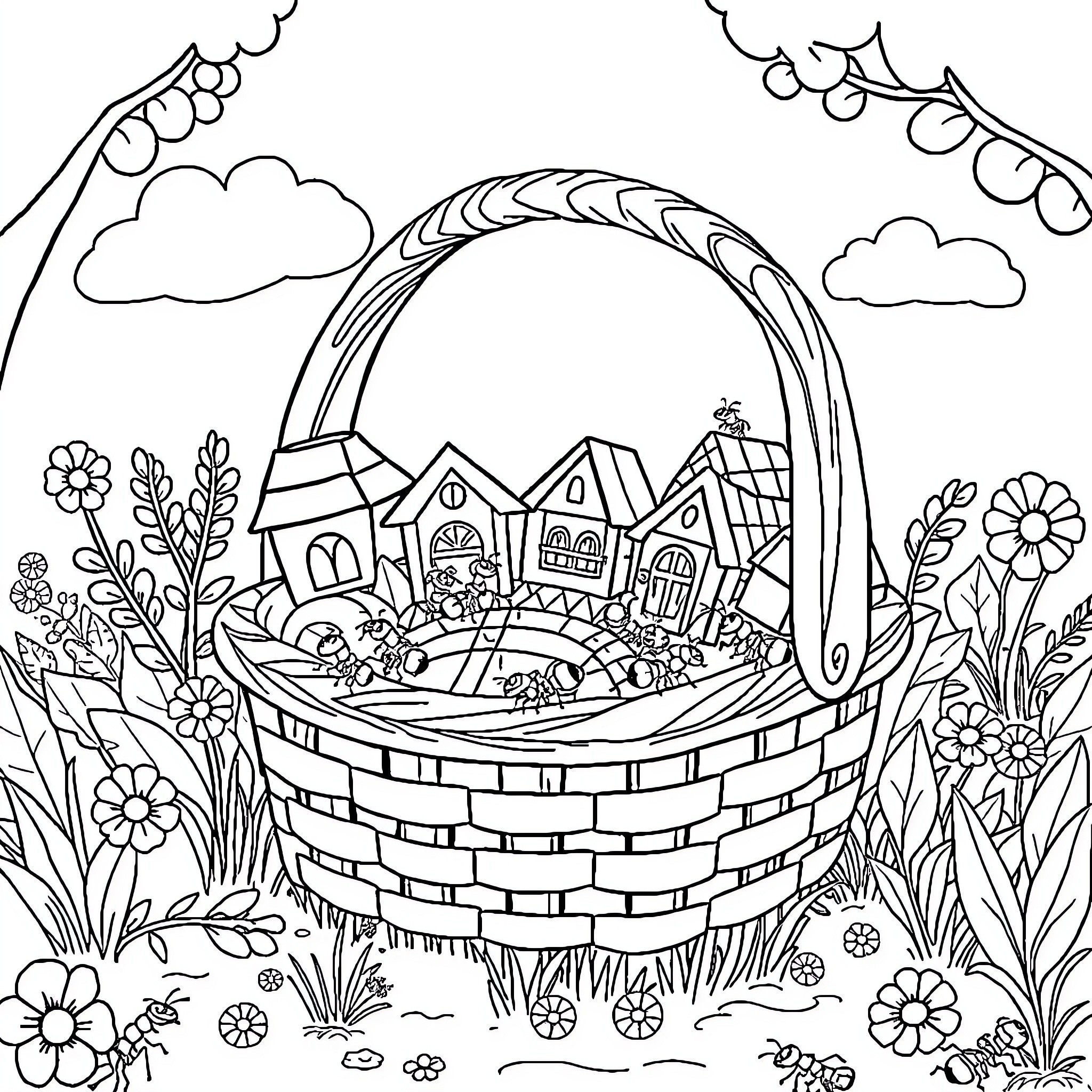 Ant community gathering in a cozy basket Coloring Page (free black-and-white line drawing printable PDF for all, from beginners to advanced learners, including children, teens, adults, and seniors)