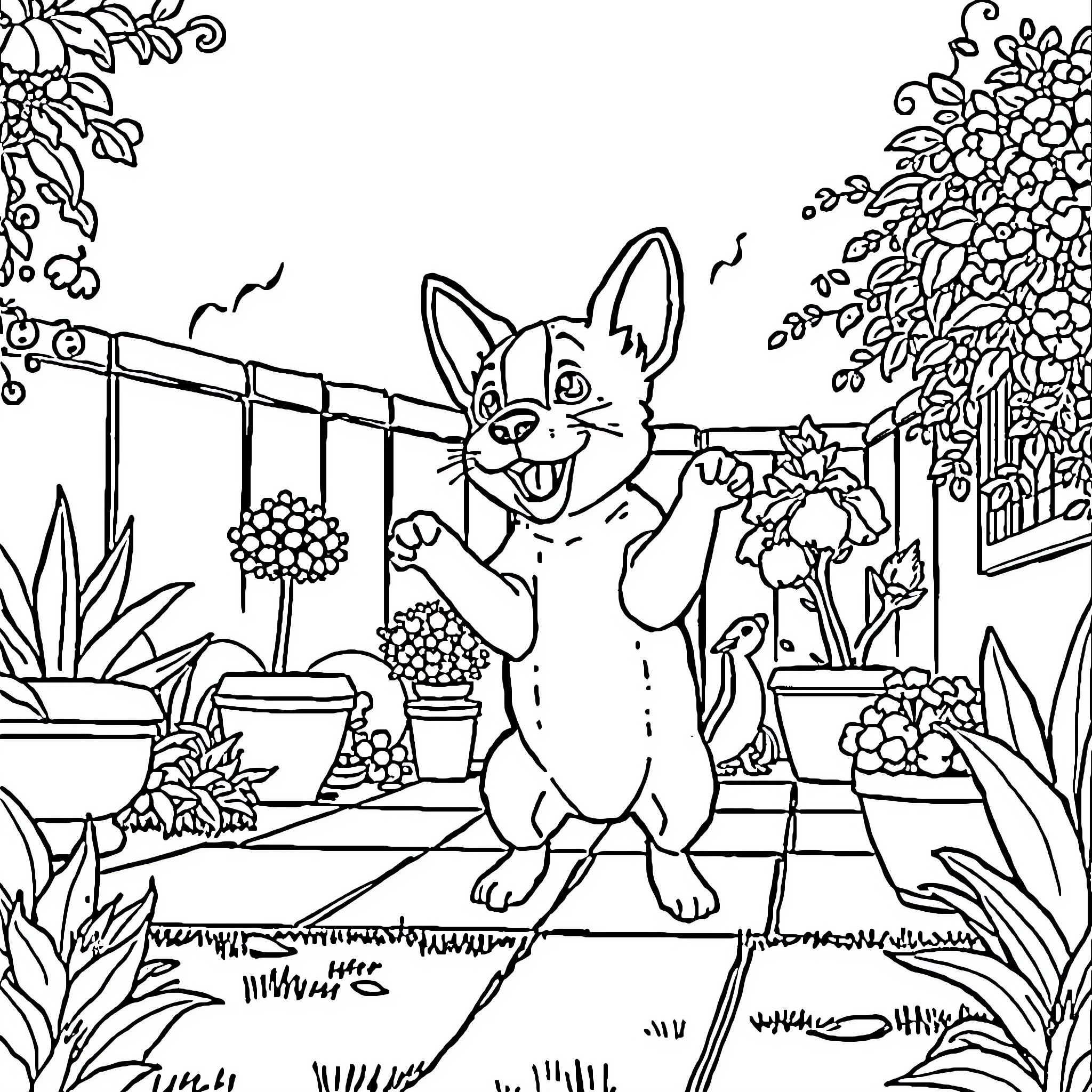 Dog playing happily in the garden Coloring Page (free black-and-white line drawing printable PDF for all, from beginners to advanced learners, including children, teens, adults, and seniors)
