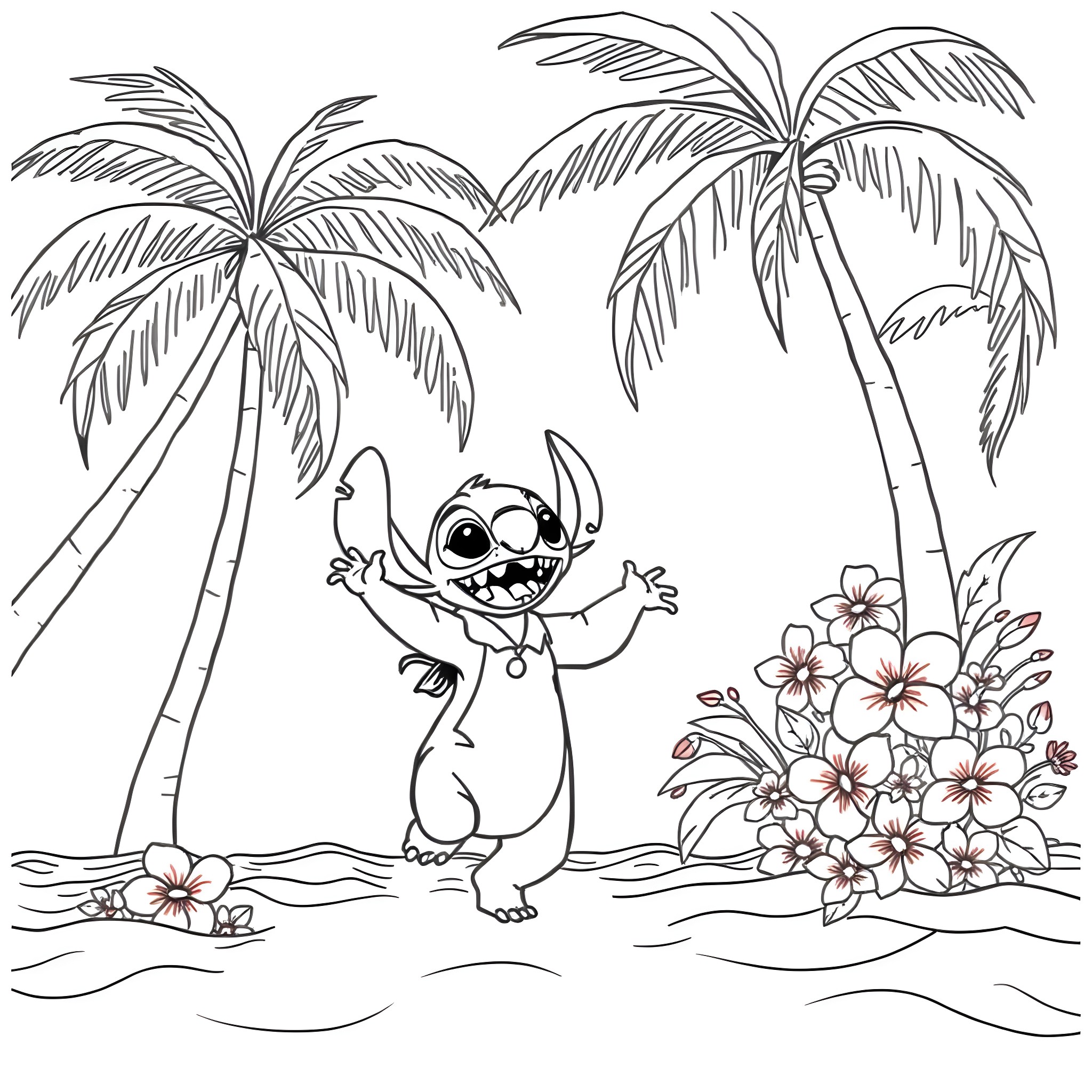 Lilo enjoying a tropical day with palm trees and flowers Coloring Page (free black-and-white line drawing printable PDF for all, from beginners to advanced learners, including children, teens, adults, and seniors)
