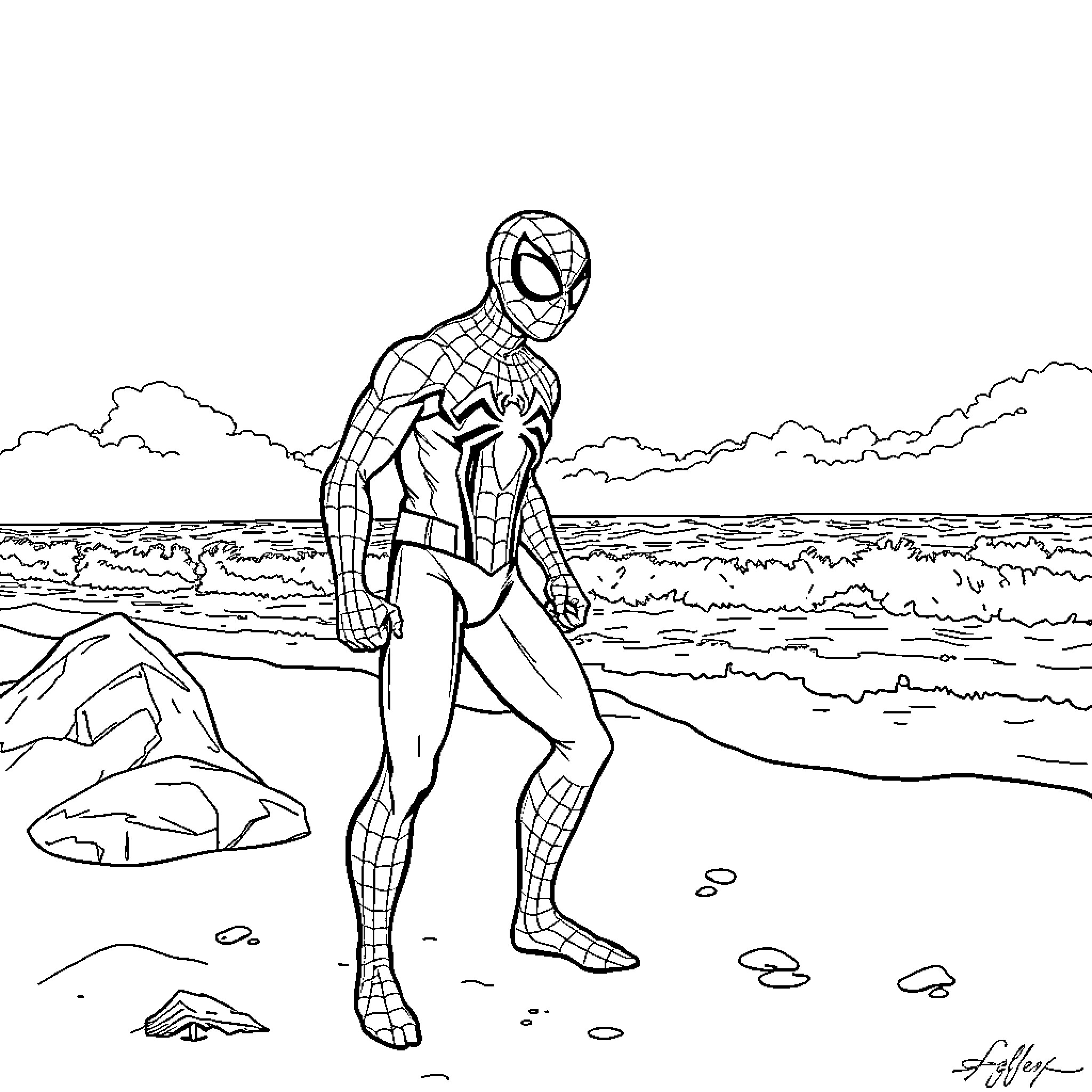 Spider-Man standing on beach in action pose Coloring Page (free black-and-white line drawing printable PDF for all, from beginners to advanced learners, including children, teens, adults, and seniors)