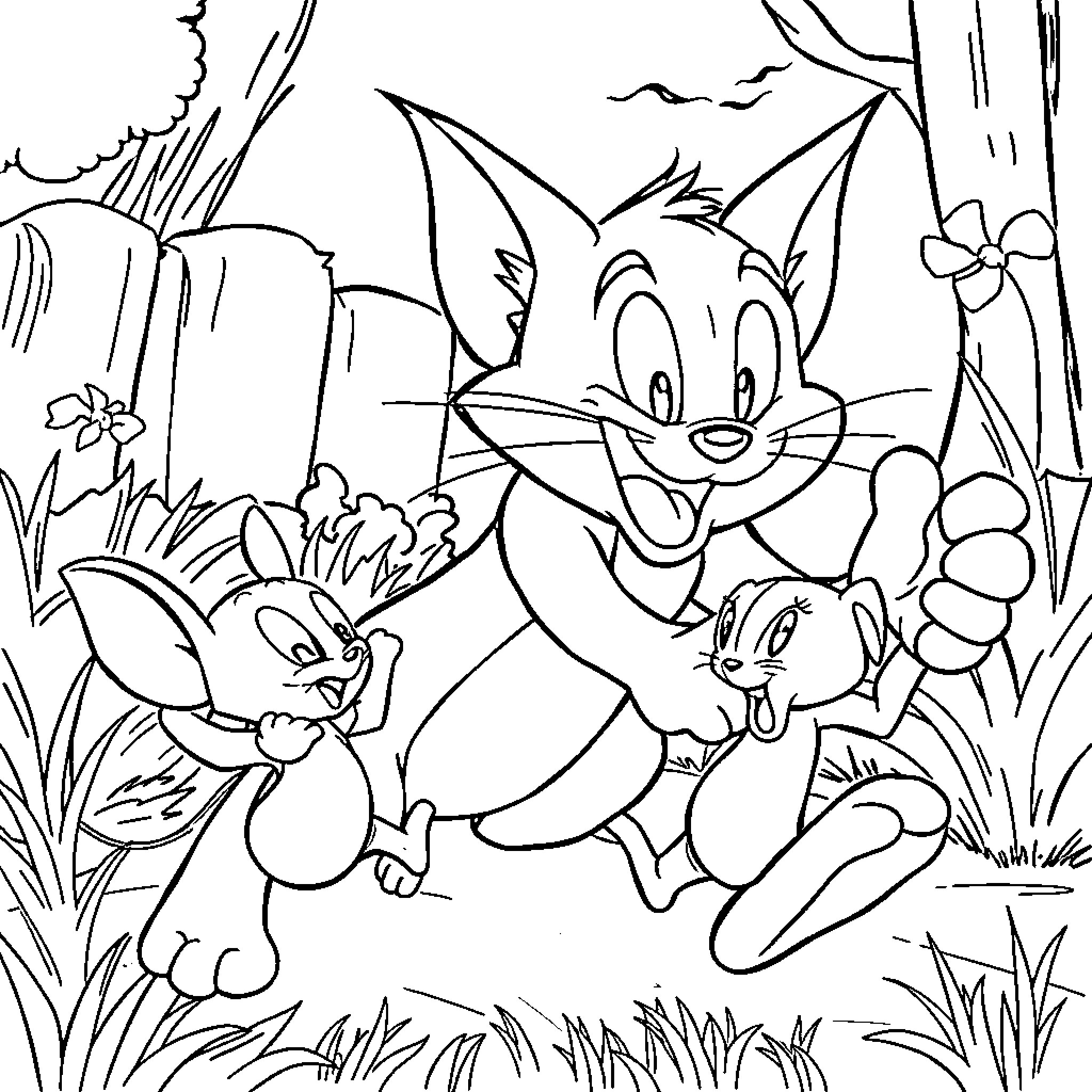 Tom and Jerry playing in a forest scene Coloring Page (free black-and-white line drawing printable PDF for all, from beginners to advanced learners, including children, teens, adults, and seniors)