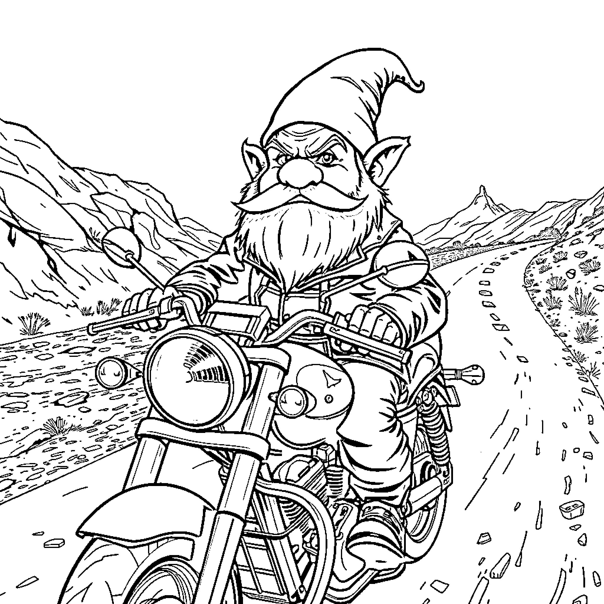 Dwarf riding a motorcycle through the mountains Coloring Page (free black-and-white line drawing printable PDF for all, from beginners to advanced learners, including children, teens, adults, and seniors)