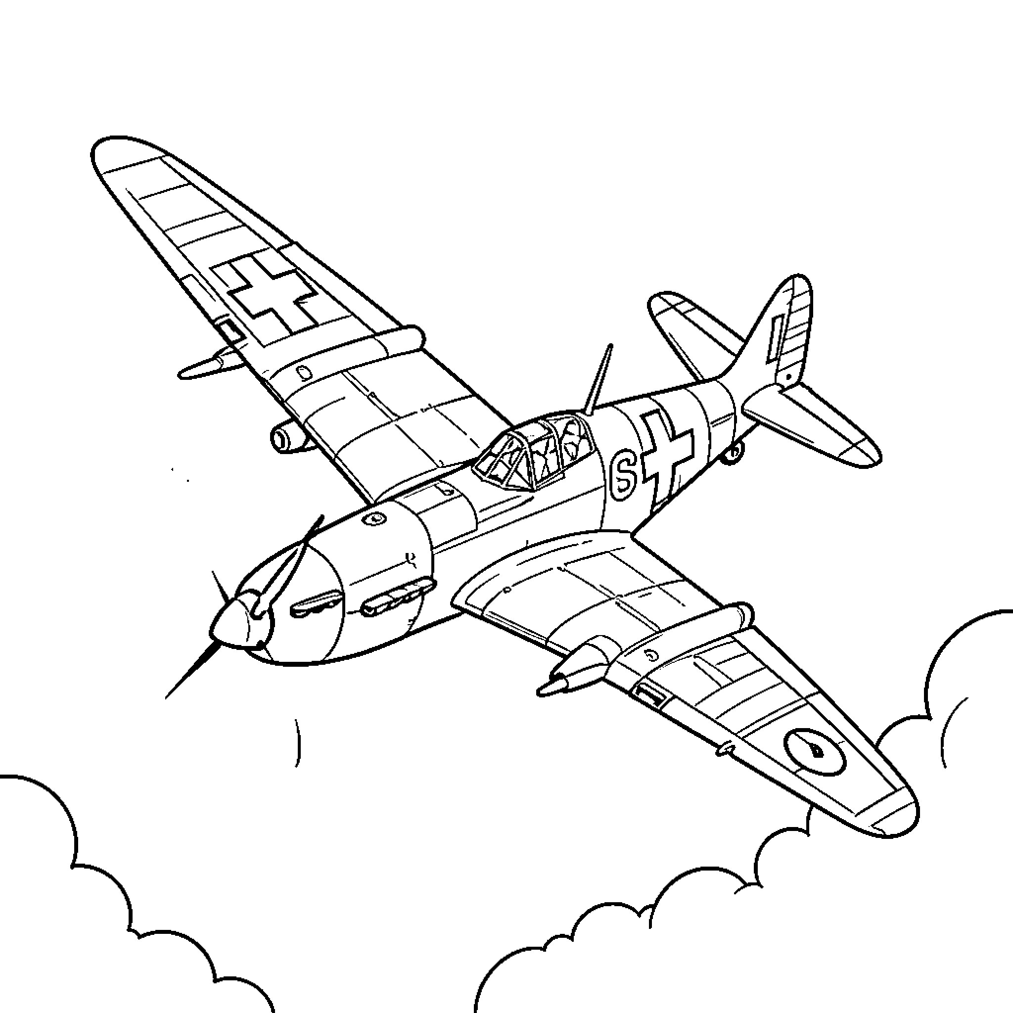 Fighter Plane soaring through the clouds Coloring Page (free black-and-white line drawing printable PDF for all, from beginners to advanced learners, including children, teens, adults, and seniors)