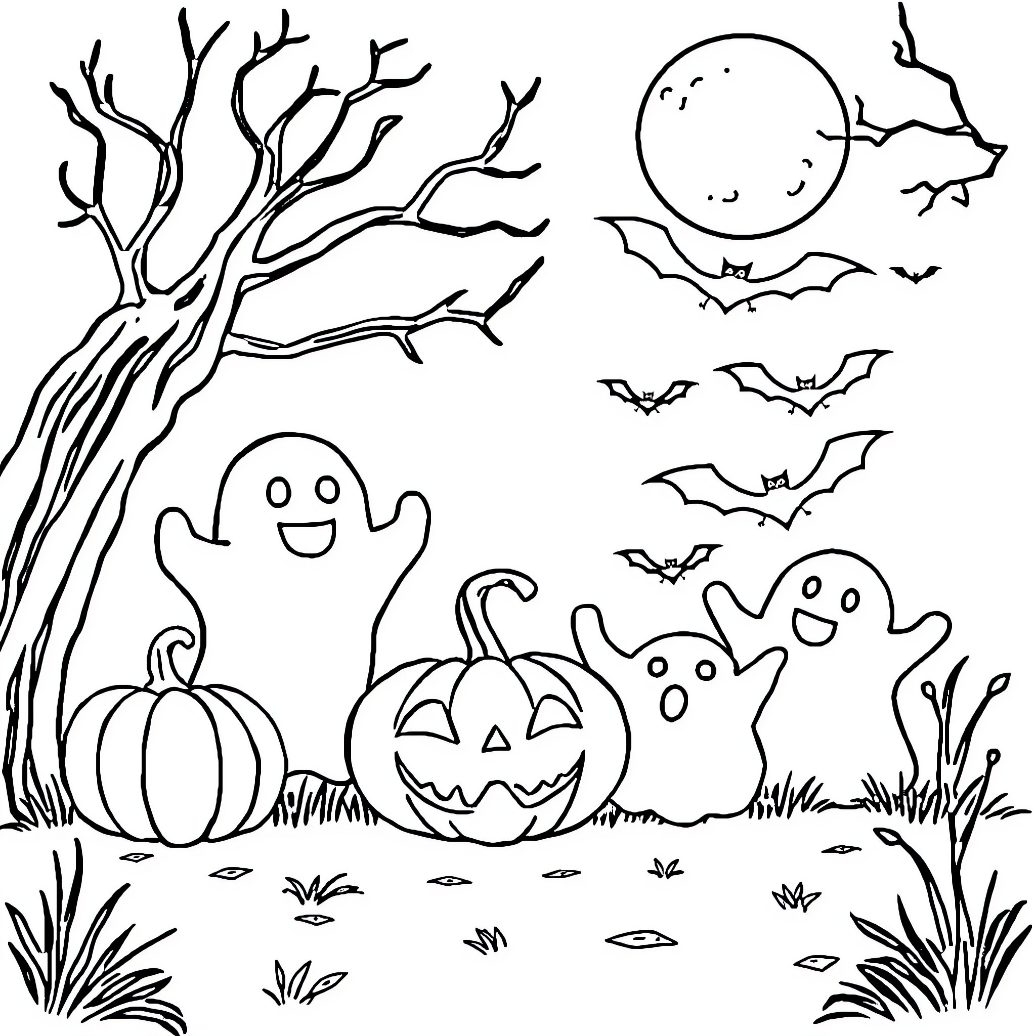 Halloween scene with spooky tree, ghosts, and pumpkins Coloring Page (free black-and-white line drawing printable PDF for all, from beginners to advanced learners, including children, teens, adults, and seniors)