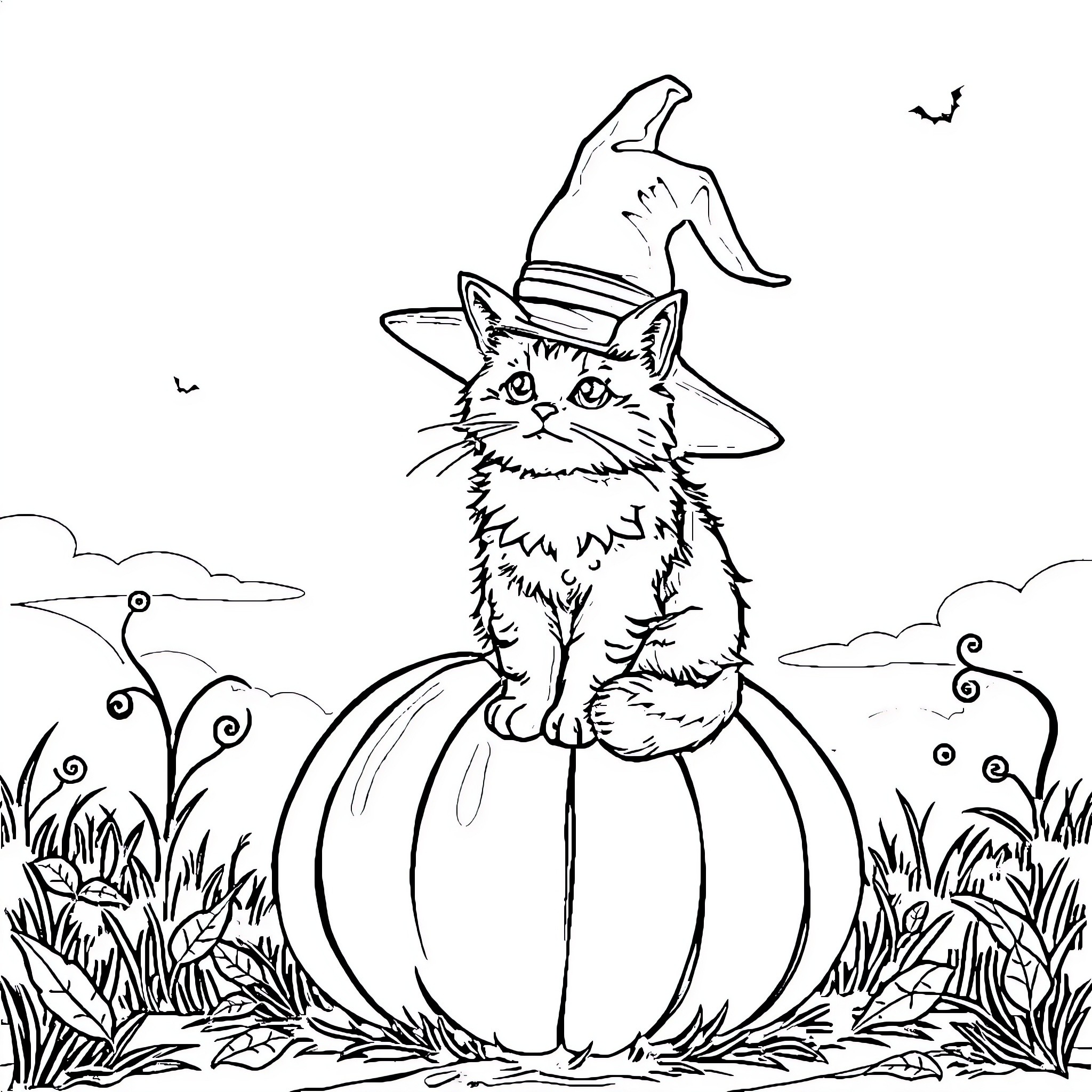 Cat in witch hat on pumpkin in autumn scene Coloring Page (free black-and-white line drawing printable PDF for all, from beginners to advanced learners, including children, teens, adults, and seniors)