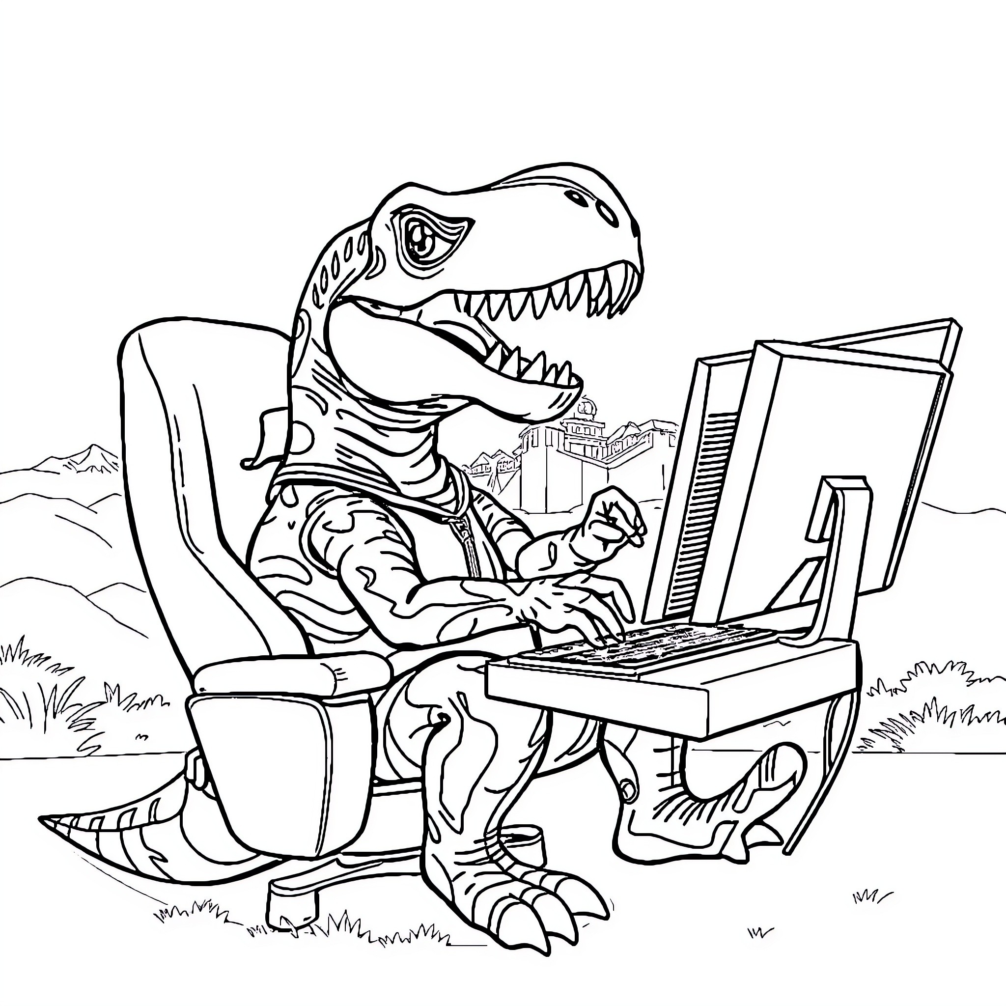 Trex working diligently on computer in nature Coloring Page (free black-and-white line drawing printable PDF for all, from beginners to advanced learners, including children, teens, adults, and seniors)