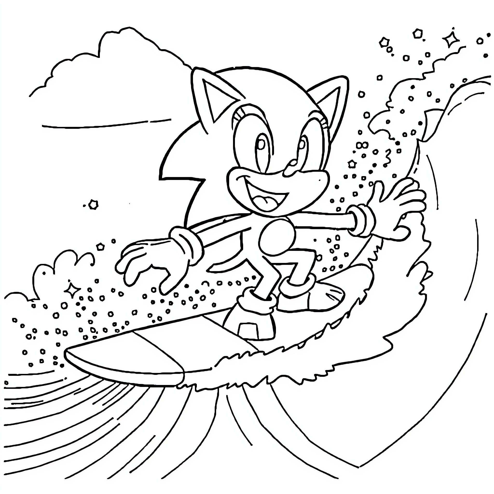 Sonic riding a surfboard in the clouds Coloring Page (free black-and-white line drawing printable PDF for all, from beginners to advanced learners, including children, teens, adults, and seniors)