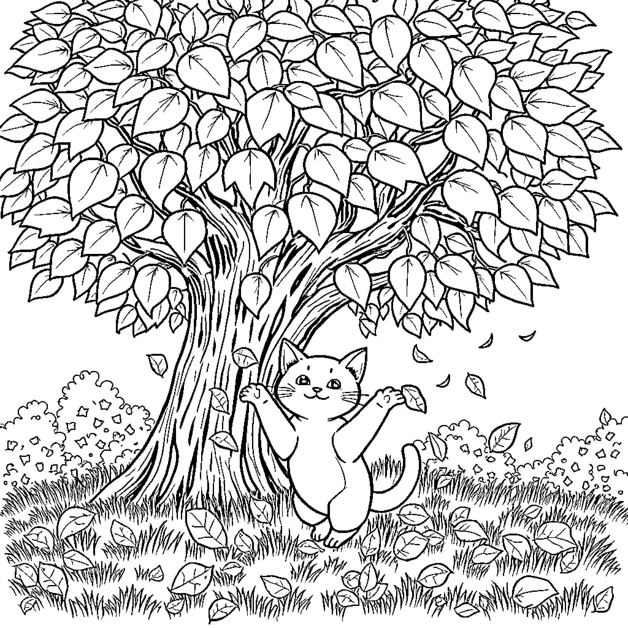 Cat playing in the autumn leaves under a tree Coloring Page (free black-and-white line drawing printable PDF for all, from beginners to advanced learners, including children, teens, adults, and seniors)