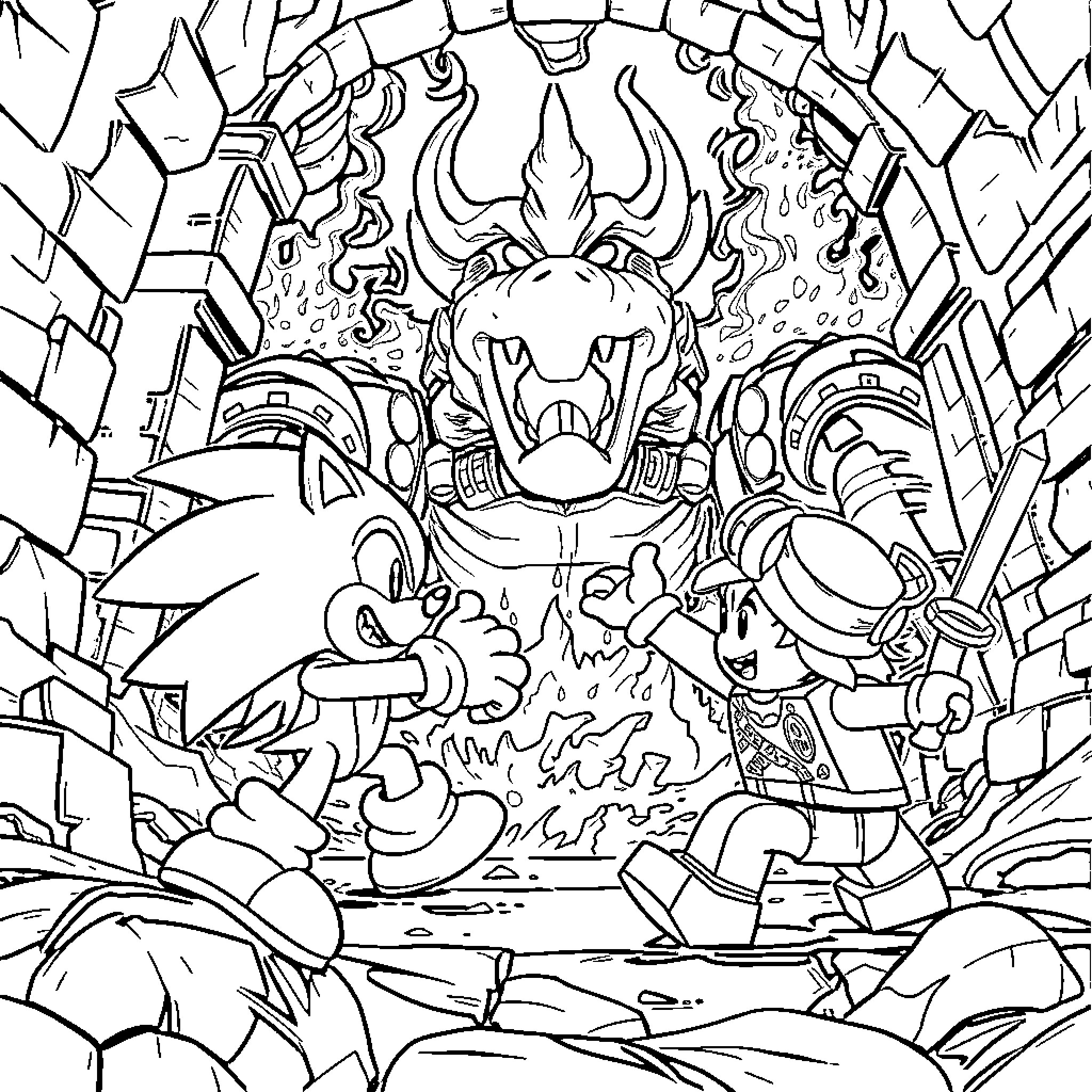 Sonic's Epic Showdown against Fearsome Foe Coloring Page (free black-and-white line drawing printable PDF for all, from beginners to advanced learners, including children, teens, adults, and seniors)