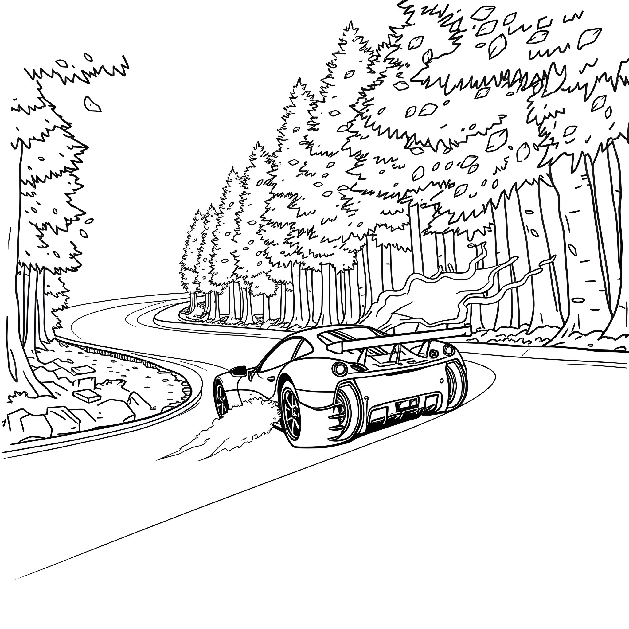 Car racing through a scenic forest landscape Coloring Page (free black-and-white line drawing printable PDF for all, from beginners to advanced learners, including children, teens, adults, and seniors)