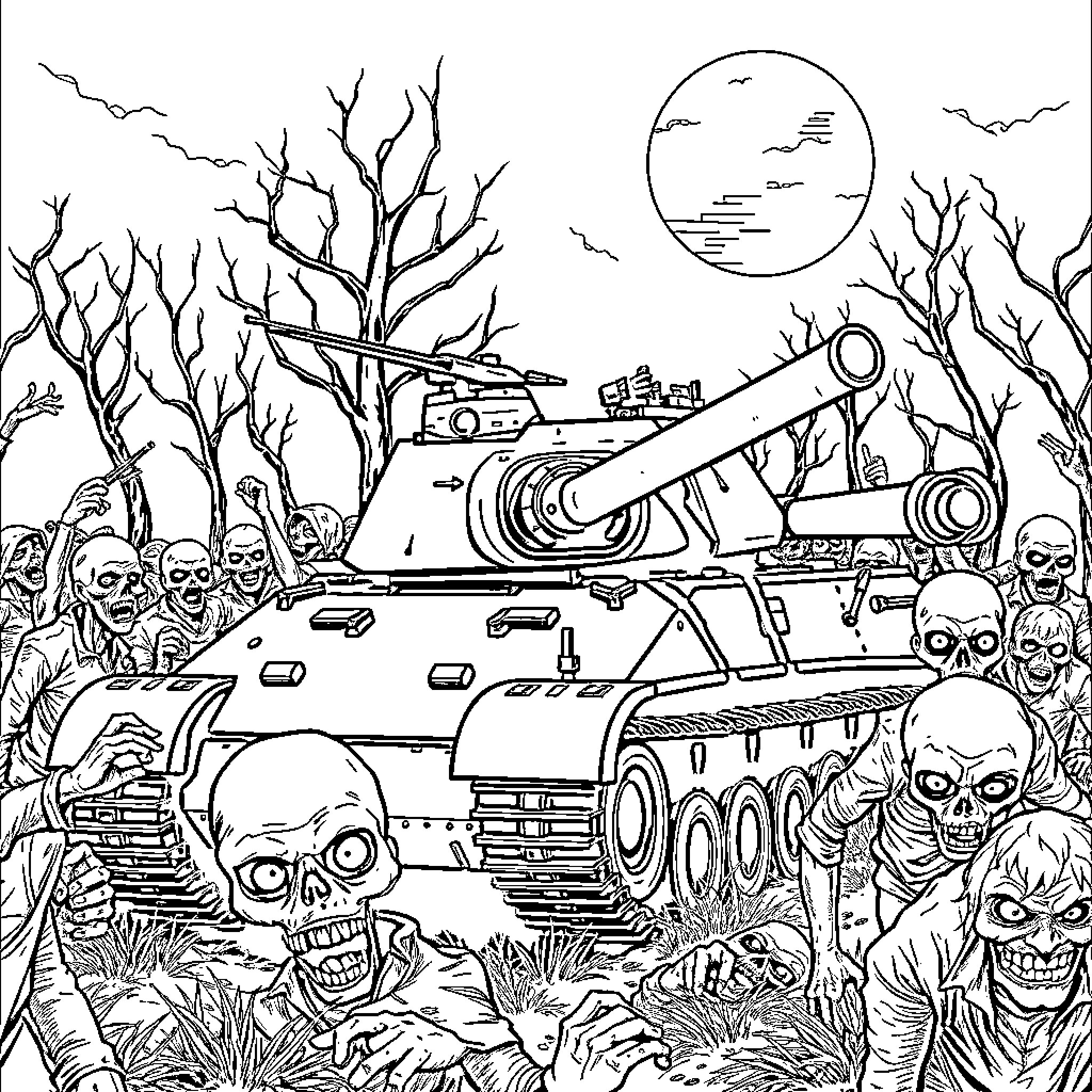 Zombie Horde Surrounds Armored Vehicle in Apocalyptic Landscape Coloring Page (free black-and-white line drawing printable PDF for all, from beginners to advanced learners, including children, teens, adults, and seniors)
