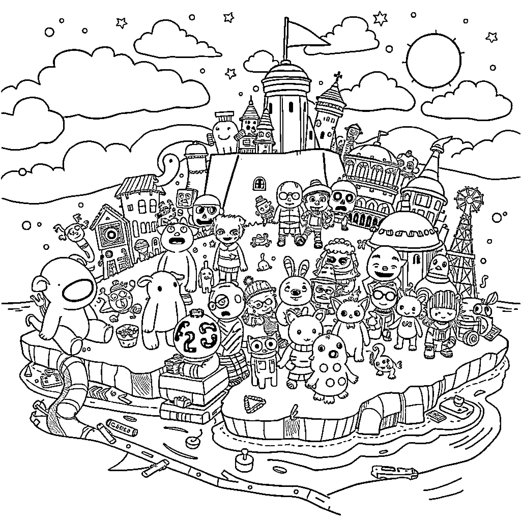 Toy characters in a whimsical fantasy world Coloring Page (free black-and-white line drawing printable PDF for all, from beginners to advanced learners, including children, teens, adults, and seniors)
