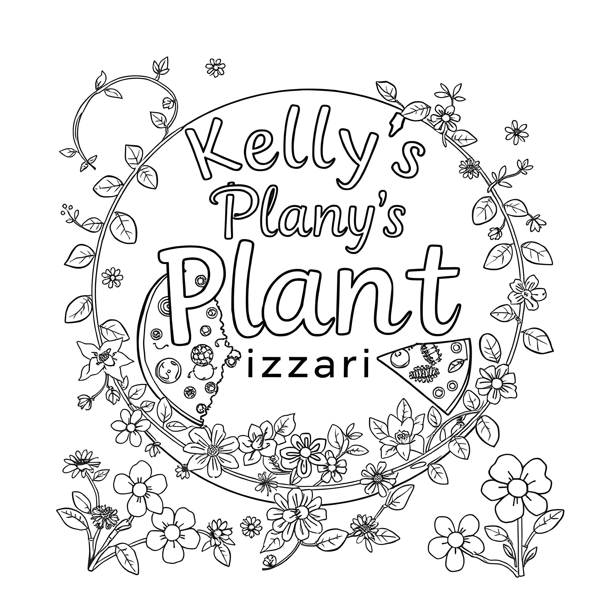 Pizza Parlor with Floral Wreath and Lettering Coloring Page (free black-and-white line drawing printable PDF for all, from beginners to advanced learners, including children, teens, adults, and seniors)