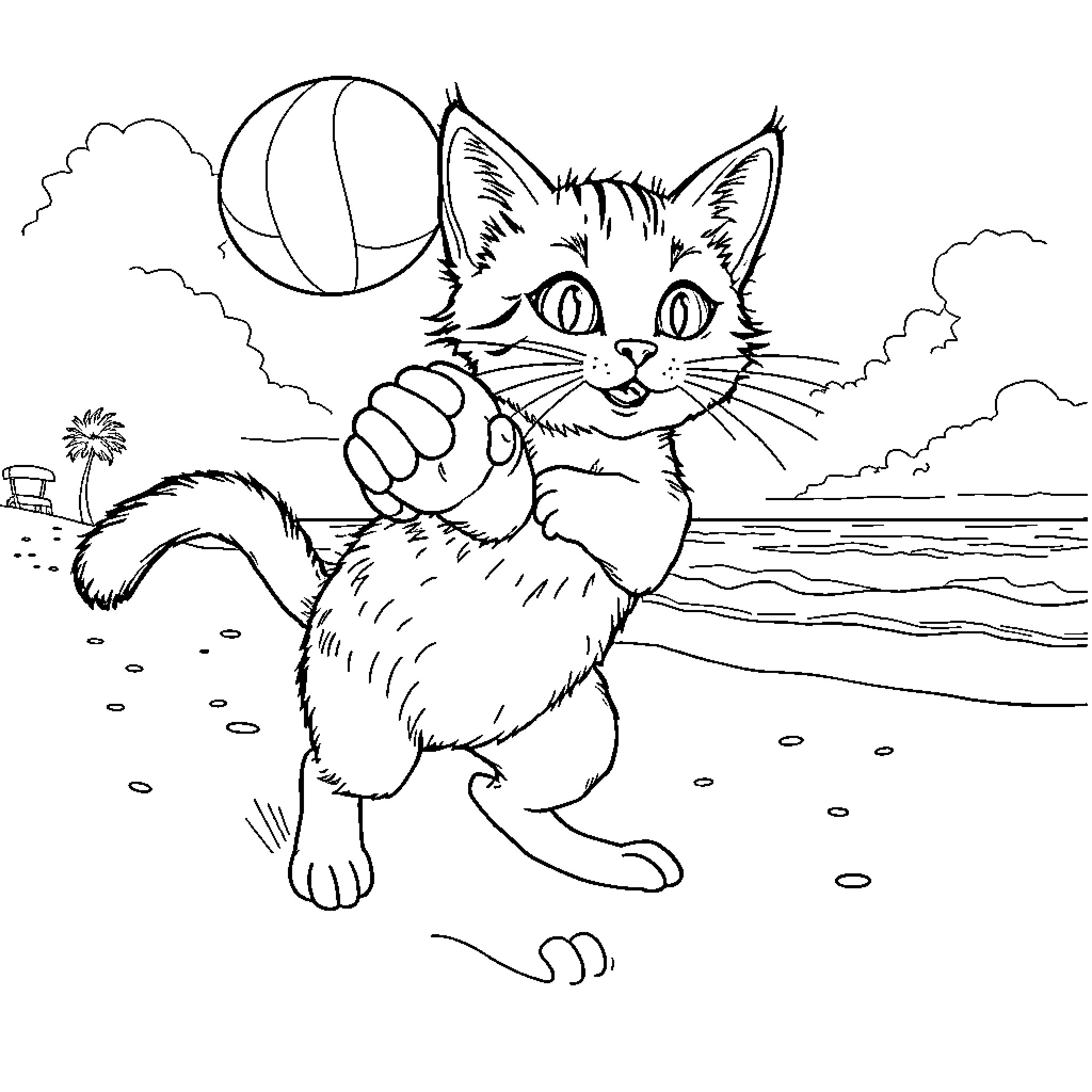 Cat playing with beach ball on the shore Coloring Page (free black-and-white line drawing printable PDF for all, from beginners to advanced learners, including children, teens, adults, and seniors)