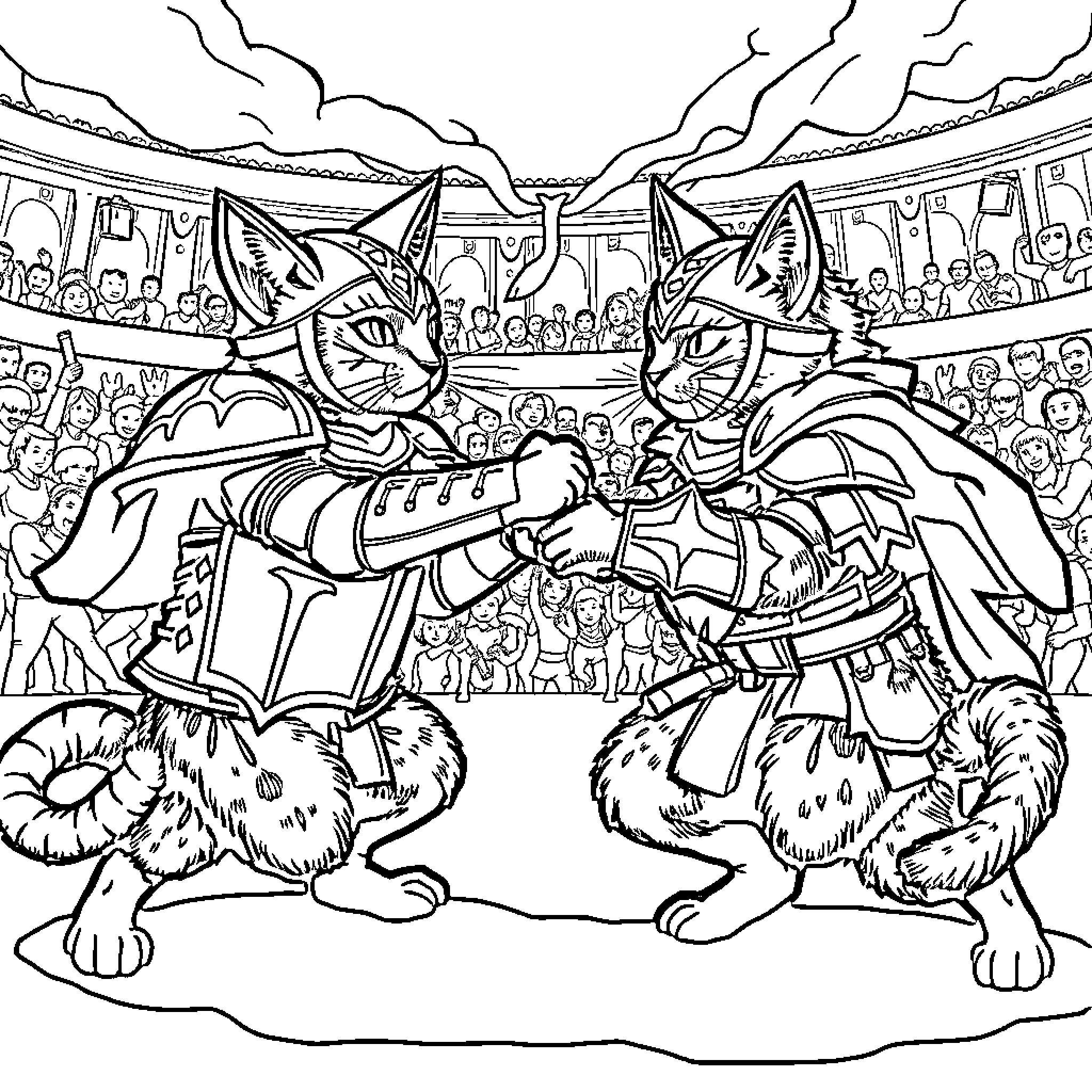 Cat Gladiators Battling in the Arena Coloring Page (free black-and-white line drawing printable PDF for all, from beginners to advanced learners, including children, teens, adults, and seniors)