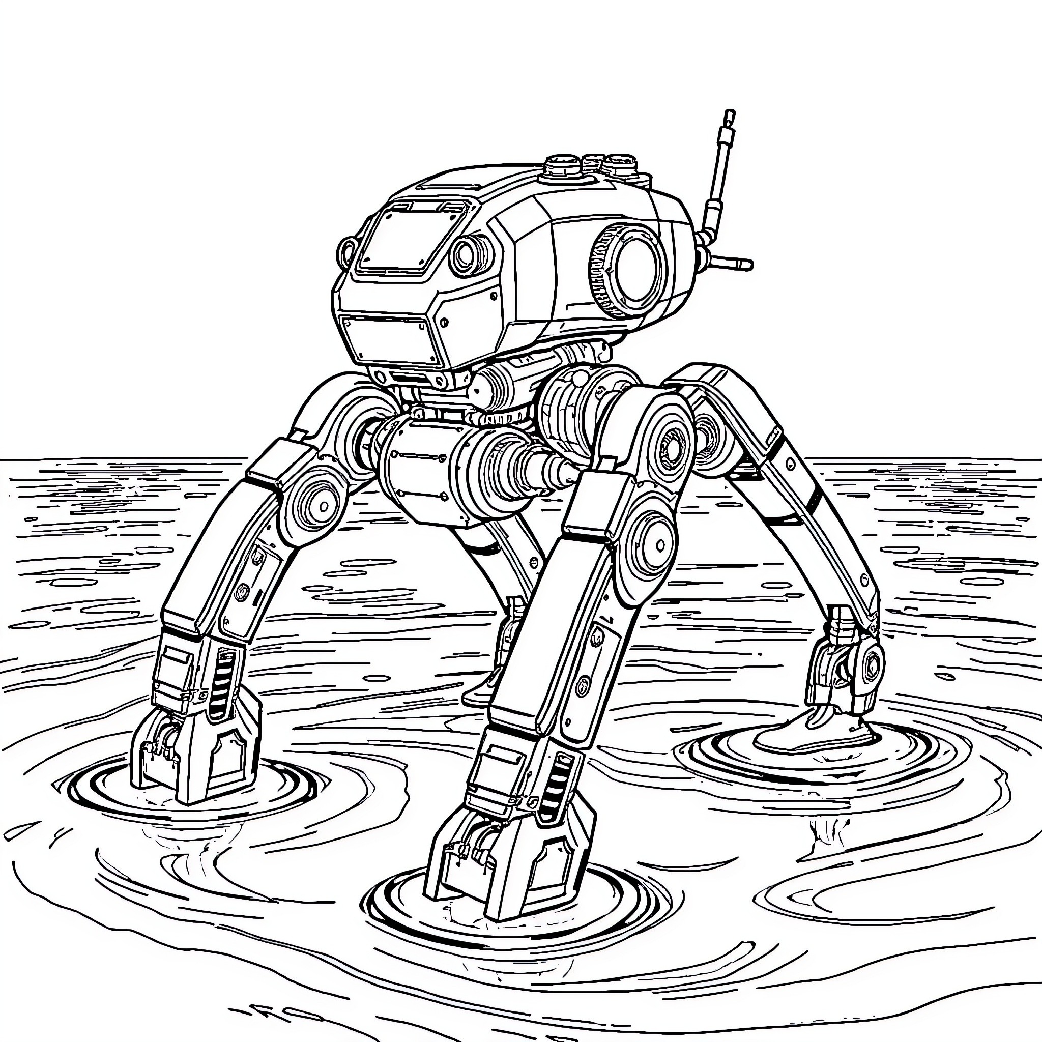 Robot wading through shallow water Coloring Page (free black-and-white line drawing printable PDF for all, from beginners to advanced learners, including children, teens, adults, and seniors)