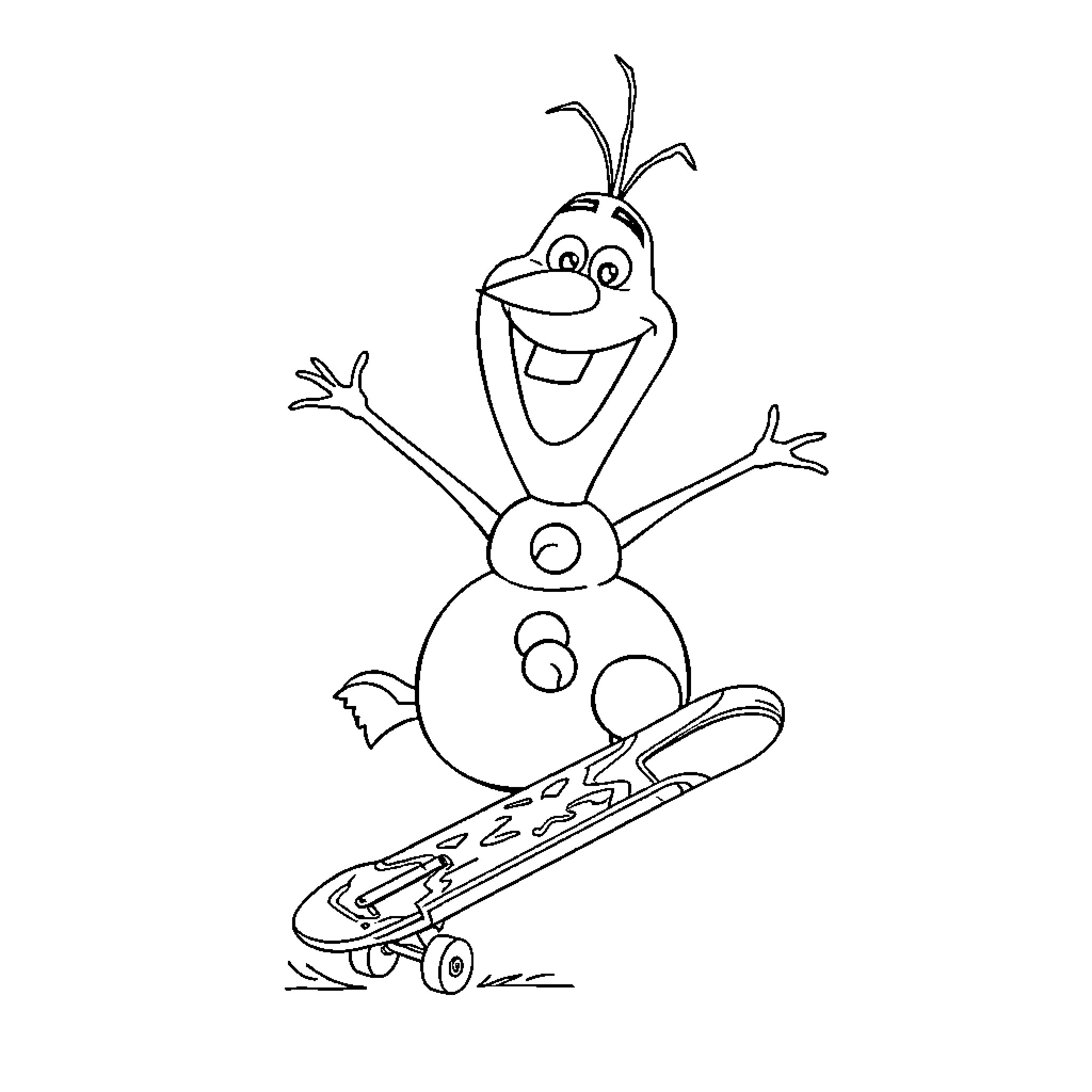 Olaf skateboarding happily Coloring Page (free black-and-white line drawing printable PDF for all, from beginners to advanced learners, including children, teens, adults, and seniors)