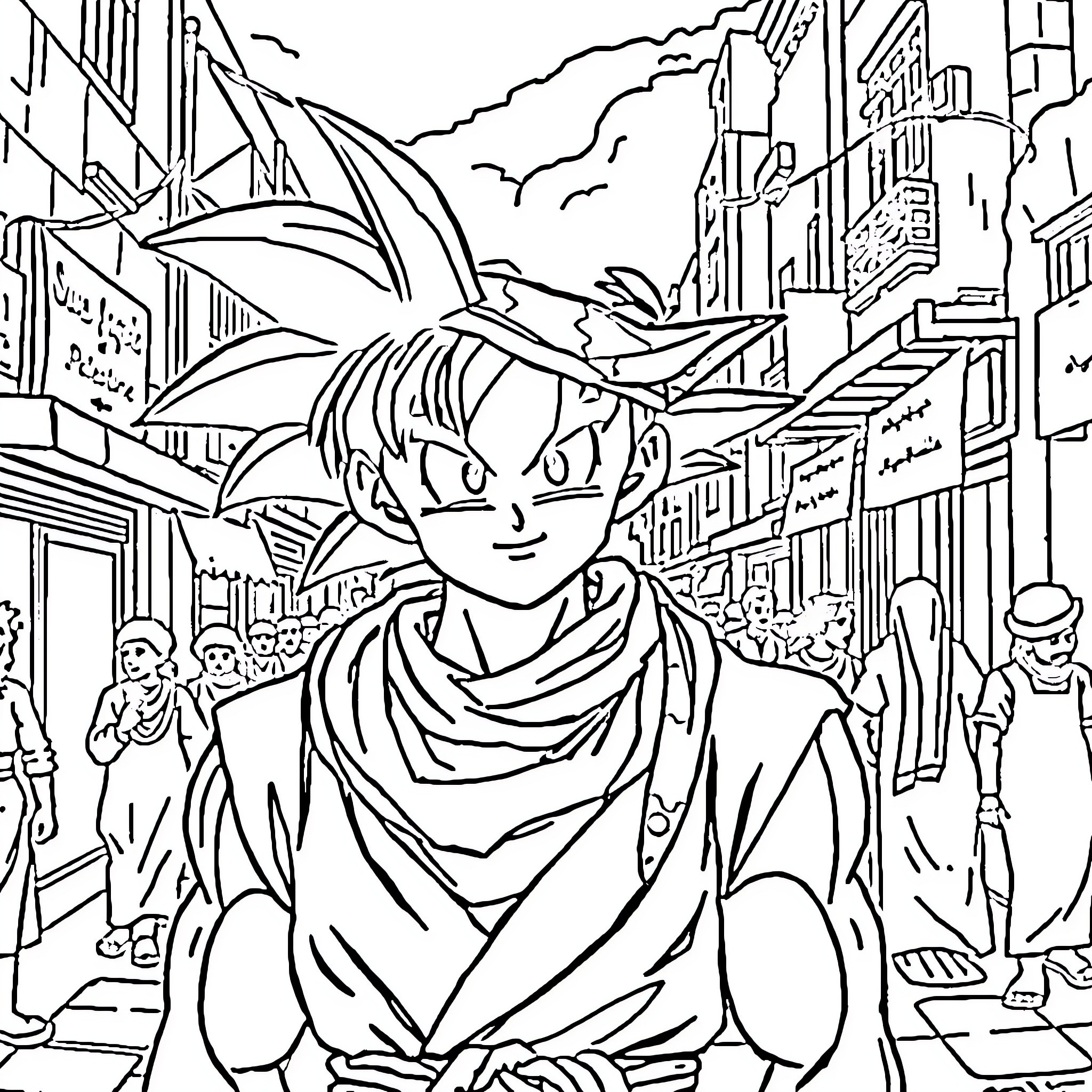 Son Goku Exploring Lively City Scene Coloring Page (free black-and-white line drawing printable PDF for all, from beginners to advanced learners, including children, teens, adults, and seniors)
