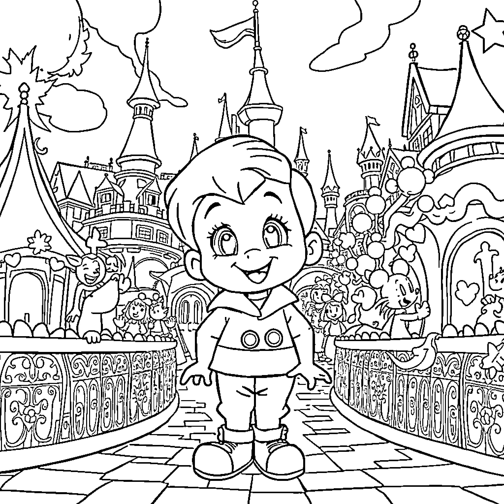 Boy explores the magical fairytale kingdom Coloring Page (free black-and-white line drawing printable PDF for all, from beginners to advanced learners, including children, teens, adults, and seniors)