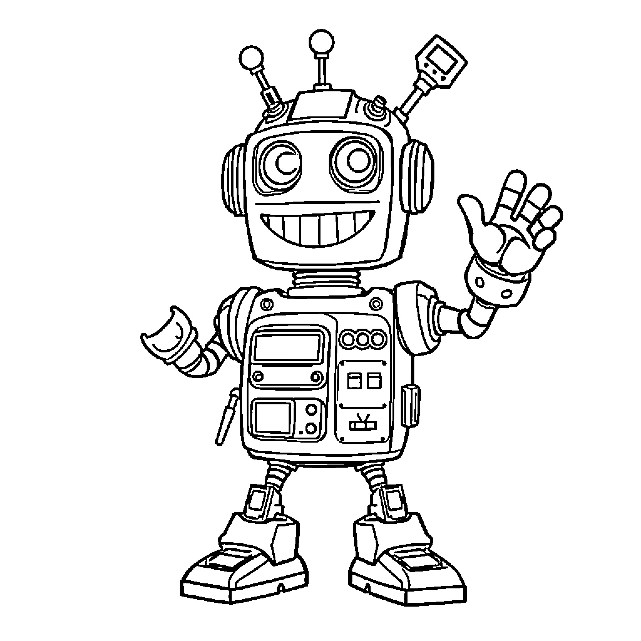 Robot waving and giving a thumbs up Coloring Page (free black-and-white line drawing printable PDF for all, from beginners to advanced learners, including children, teens, adults, and seniors)