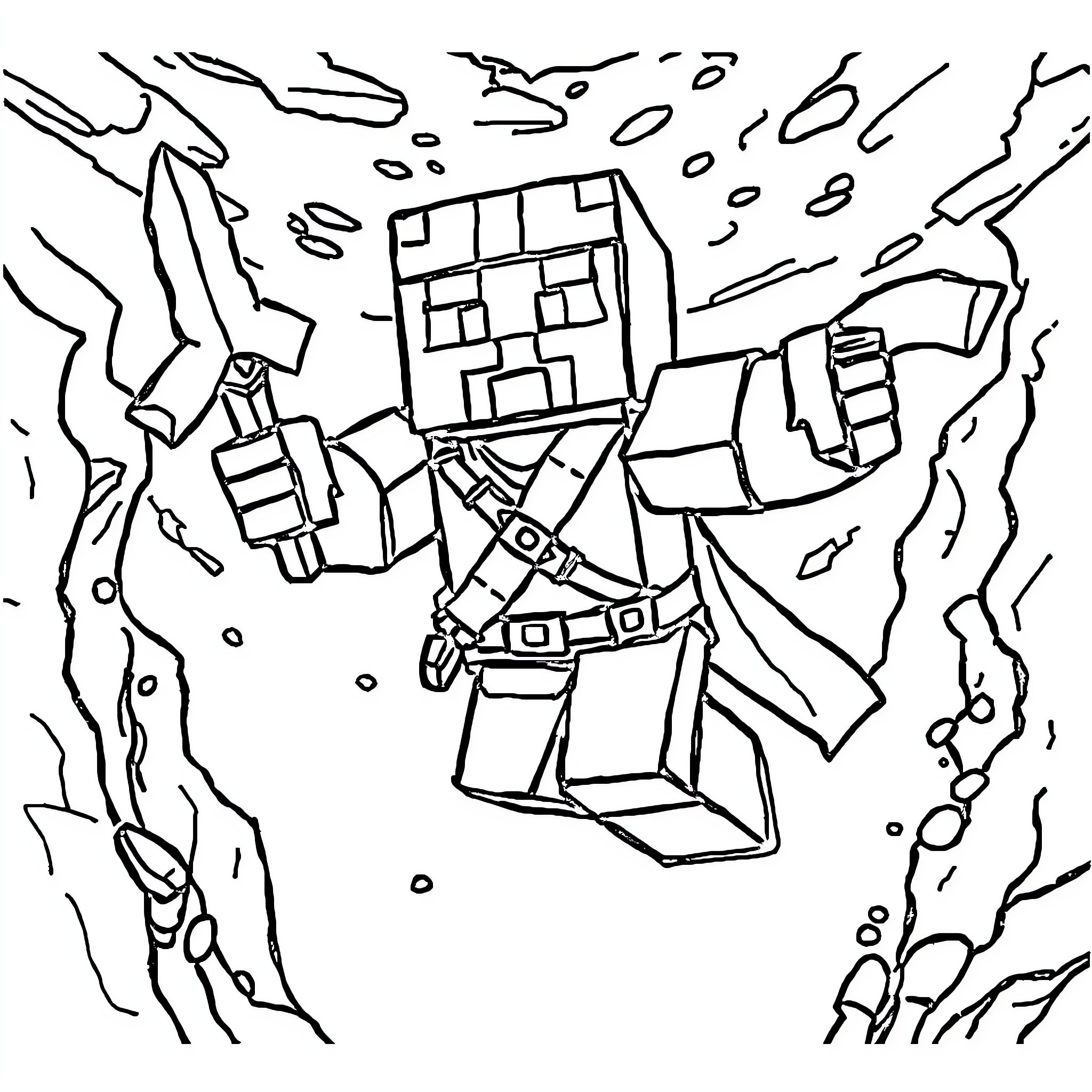 Guardian of the Blocky Realm Coloring Page (free black-and-white line drawing printable PDF for all, from beginners to advanced learners, including children, teens, adults, and seniors)