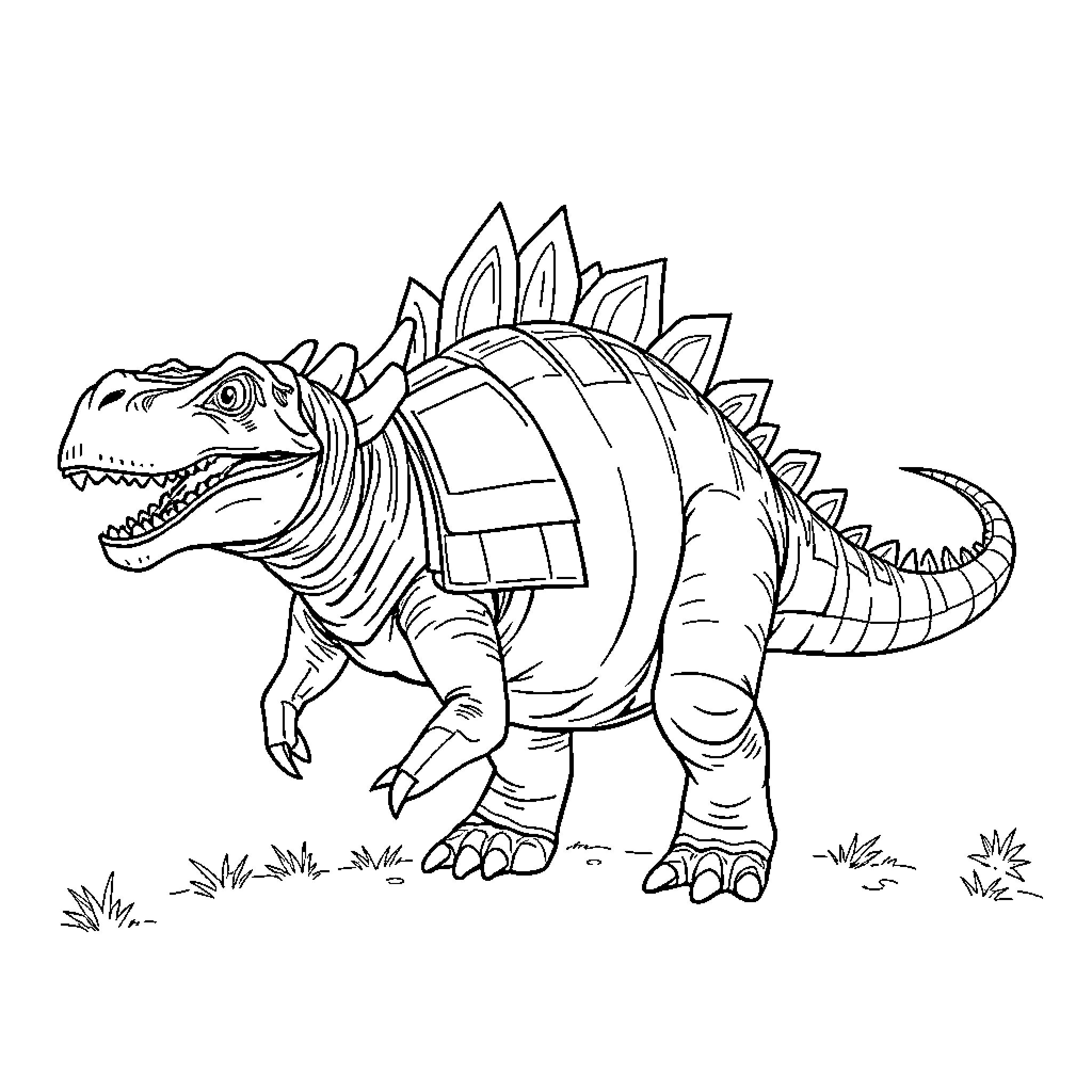 Ankylosaurus standing in a prehistoric setting Coloring Page (free black-and-white line drawing printable PDF for all, from beginners to advanced learners, including children, teens, adults, and seniors)