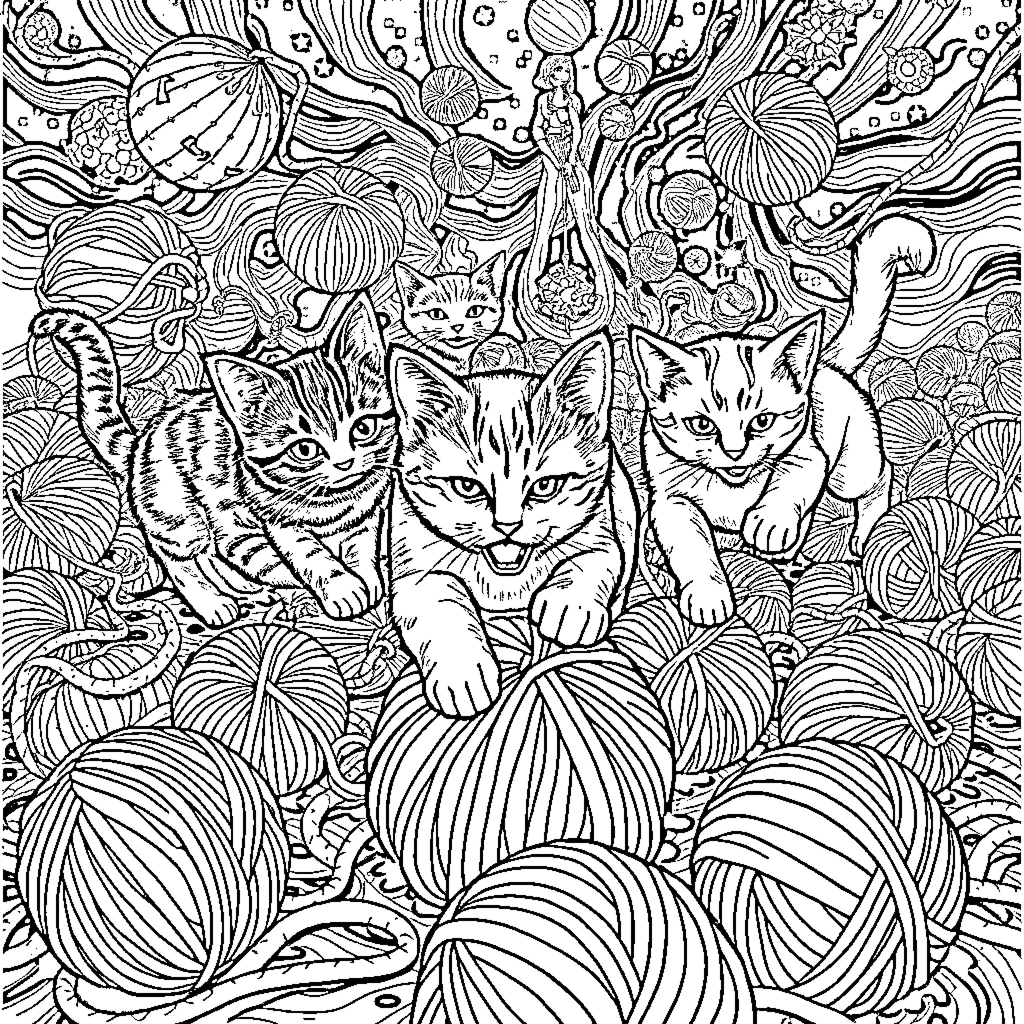Cats exploring a whimsical floral world Coloring Page (free black-and-white line drawing printable PDF for all, from beginners to advanced learners, including children, teens, adults, and seniors)