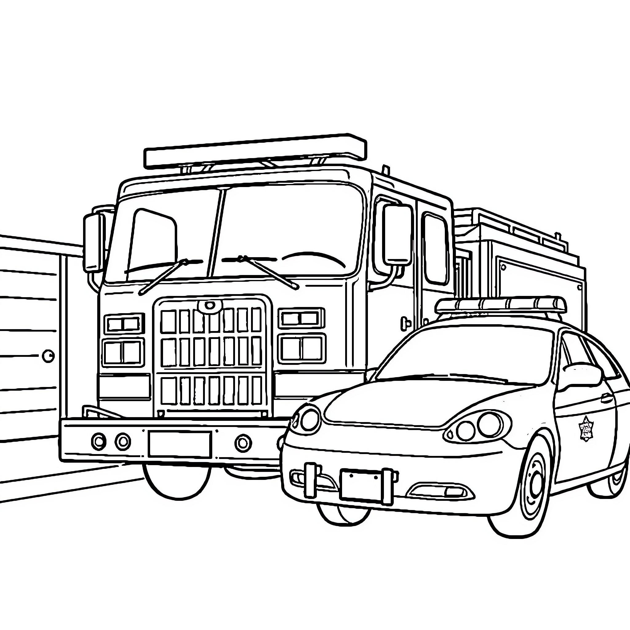 Vehicle transporting emergency equipment and police car Coloring Page (free black-and-white line drawing printable PDF for all, from beginners to advanced learners, including children, teens, adults, and seniors)